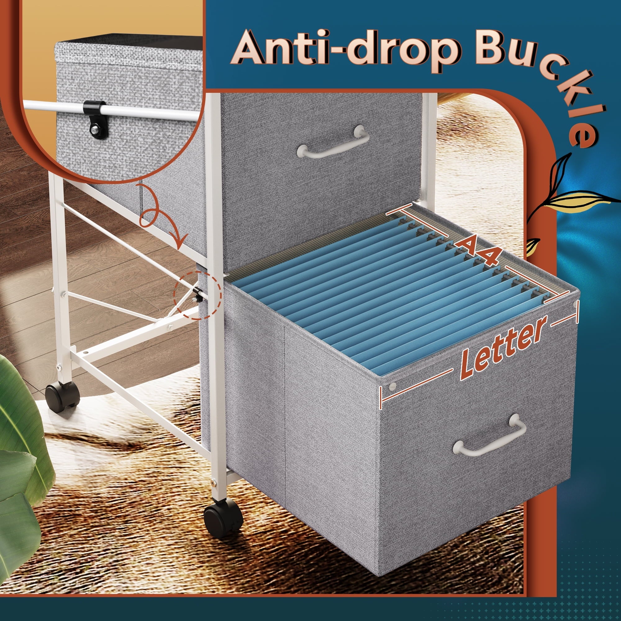 GALAXHERO Filing Cabinet 2 Drawer Mobile Printer Stand for Home Office, Rolling Fabric Vertical File Cabinet, Fits A4 or Letter Size, Light Grey