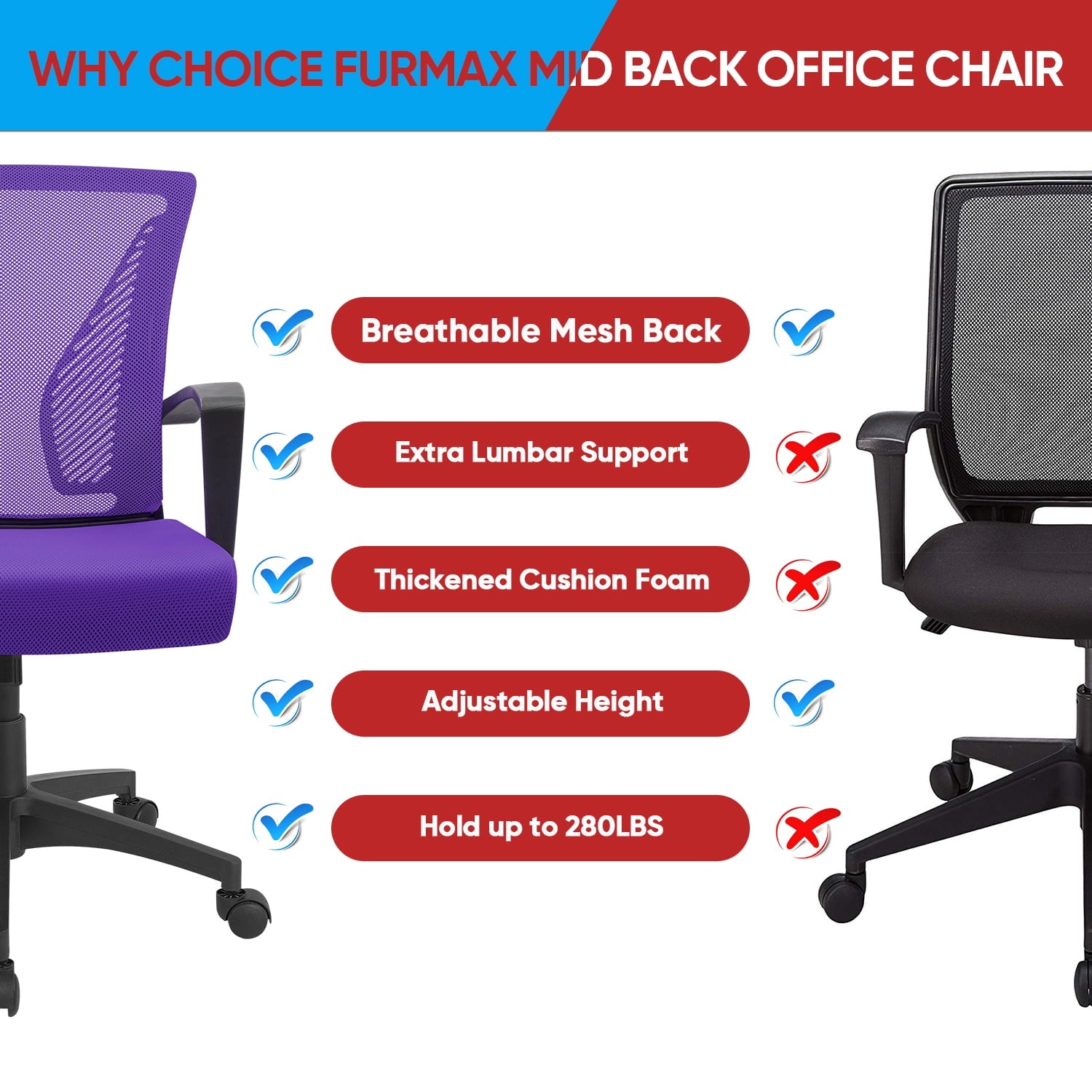 Lacoo Mid-Back Office Desk Chair Ergonomic Mesh Task Chair with Lumbar Support, Purple