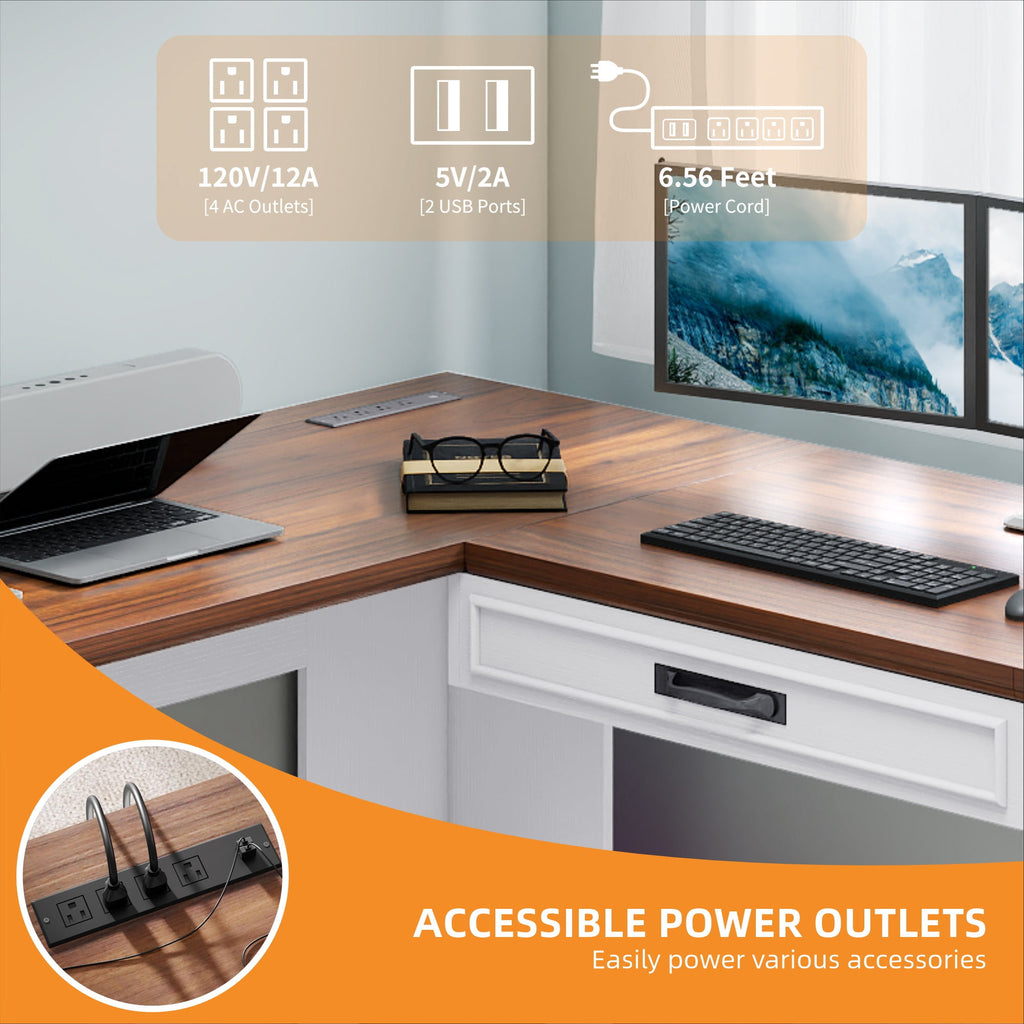 Craftian L-Shaped Desk with Power Outlets, Computer Desk with Drawers, Executive Desk , White & Walnut Color