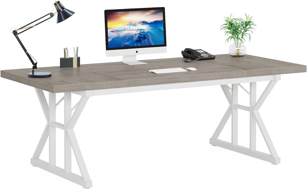 Finmind 71 Inch Executive Desk, Large Computer Office Desk, Modern Study Writing Table for Home Office (Grey/White)