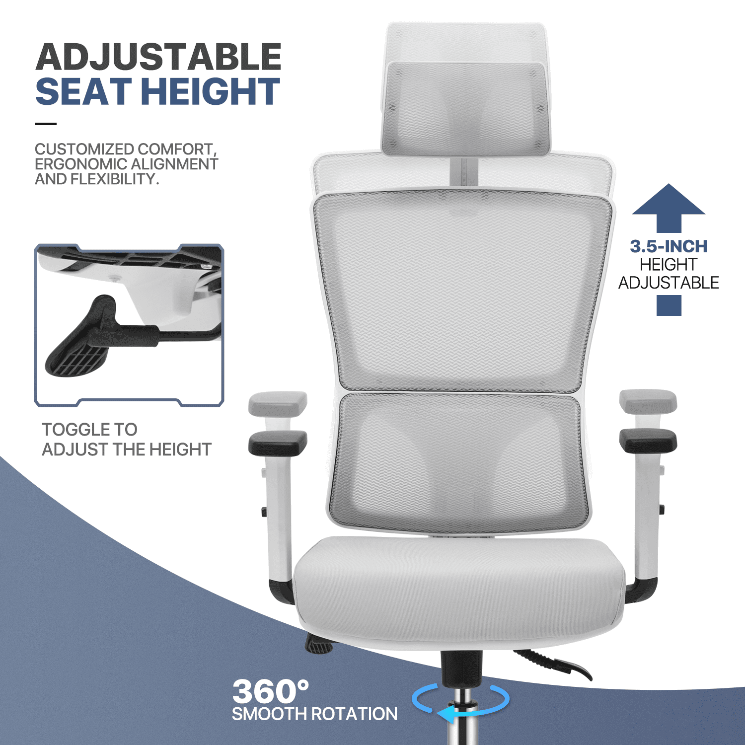 MoNiBloom Ergonomic Task Office Chair, Adjustable High Back Swivel Computer Desk Chair with Headrest & Armrest for Office, Grey