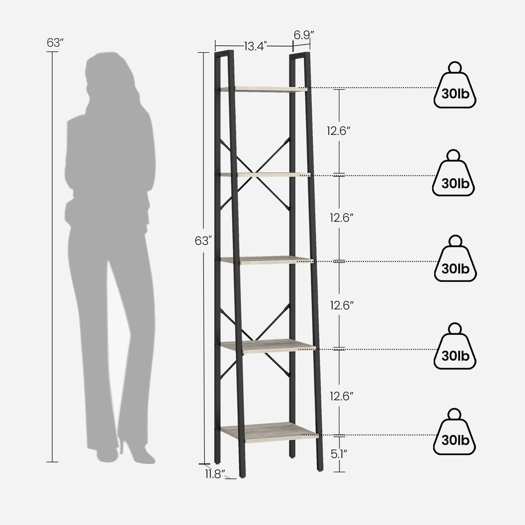 Hzuaneri 5 Shelves Freestanding Leaning Ladder, Particleboard Greige, 13.4" x 11.8" x 63"