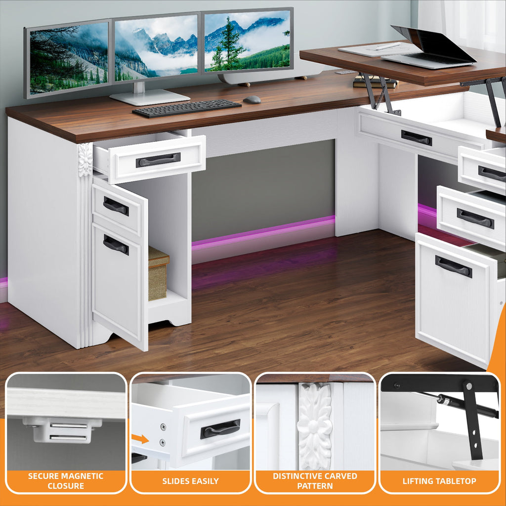 Craftian L-Shaped Desk with Power Outlets, Computer Desk with Drawers, Executive Desk , White & Walnut Color