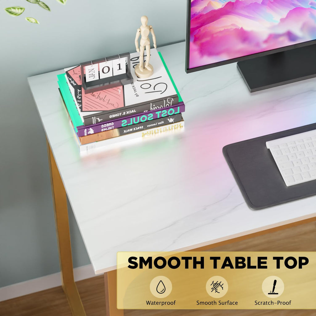 Computer Desk, 40'' Study Writing Table for Small Space, Save Space Office Desk with Metal Legs, Modern Steel Frame Wood PC Workstation for Home Office, Gold