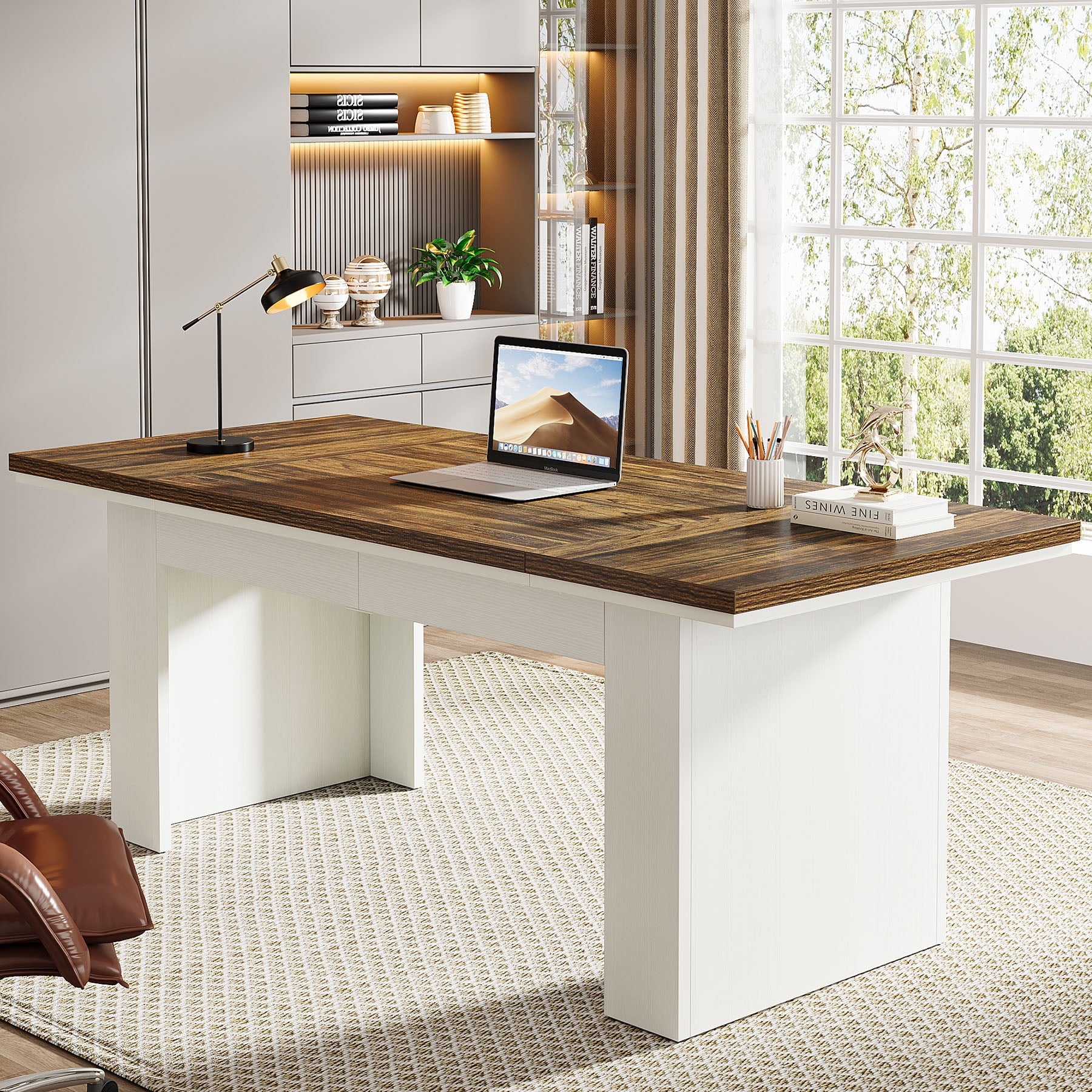 Tribesigns 63" Executive Desk, Modern Office Desk, Large Computer Desk Home Office Desk, Study Writing Desk for Home Office, Easy Assembly, Brown & White