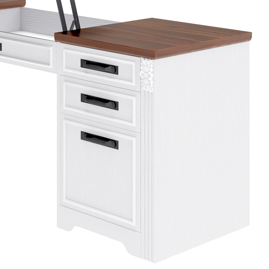 Craftian L-Shaped Desk with Power Outlets, Computer Desk with Drawers, Executive Desk , White & Walnut Color