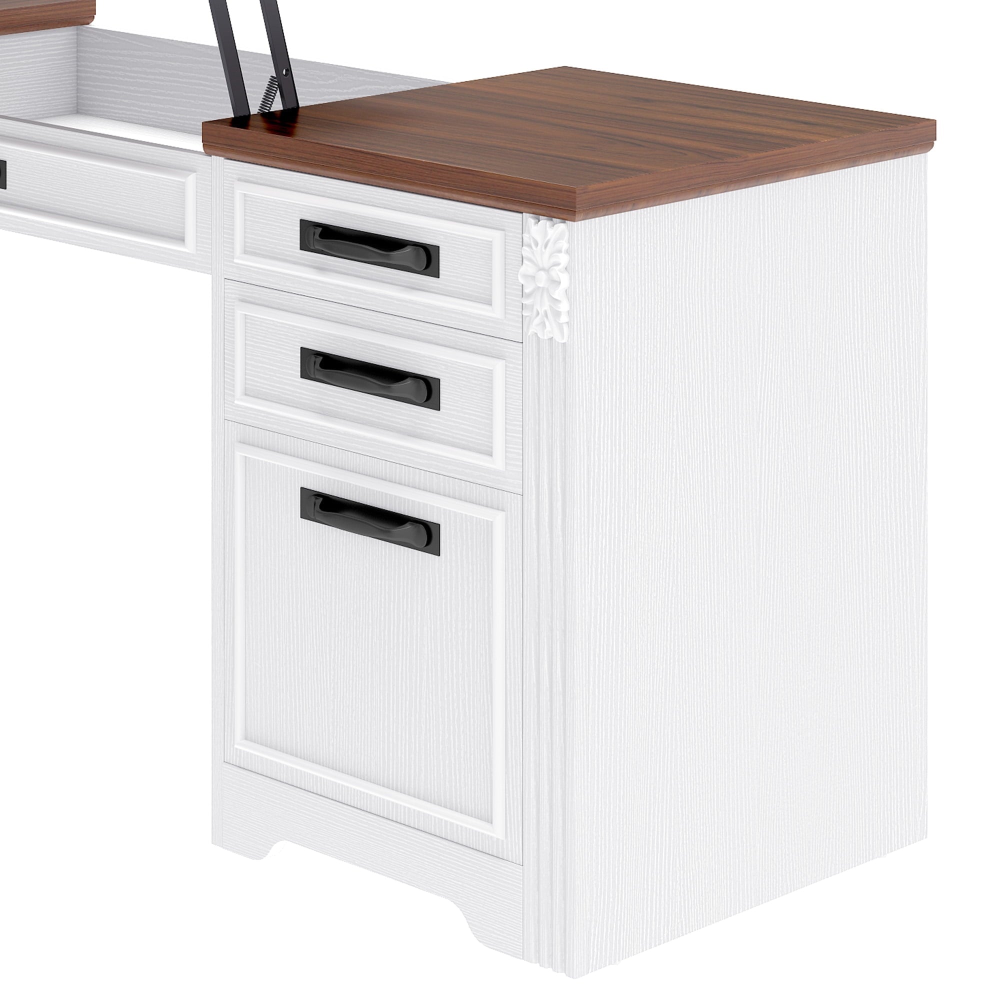 Craftian L-Shaped Desk with Power Outlets, Computer Desk with Drawers, Executive Desk , White & Walnut Color