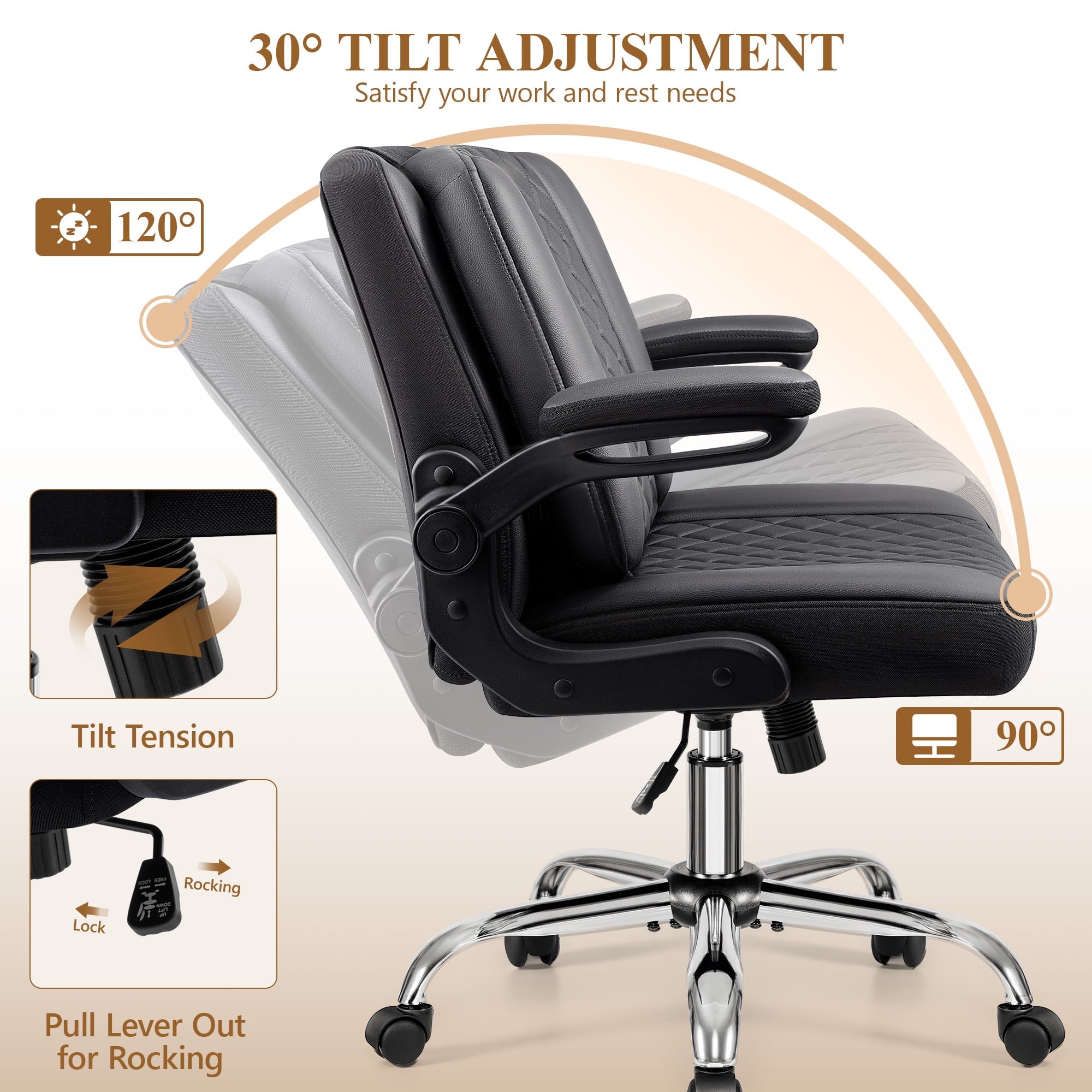 COOLHUT Criss Cross Office Chair with Flip Padded Backrest, Comfy PU Leather Cross Legged Desk Chair, Flip-Up Arms & Extra-Wide Seat for Home Office, Vanity Chair, Black