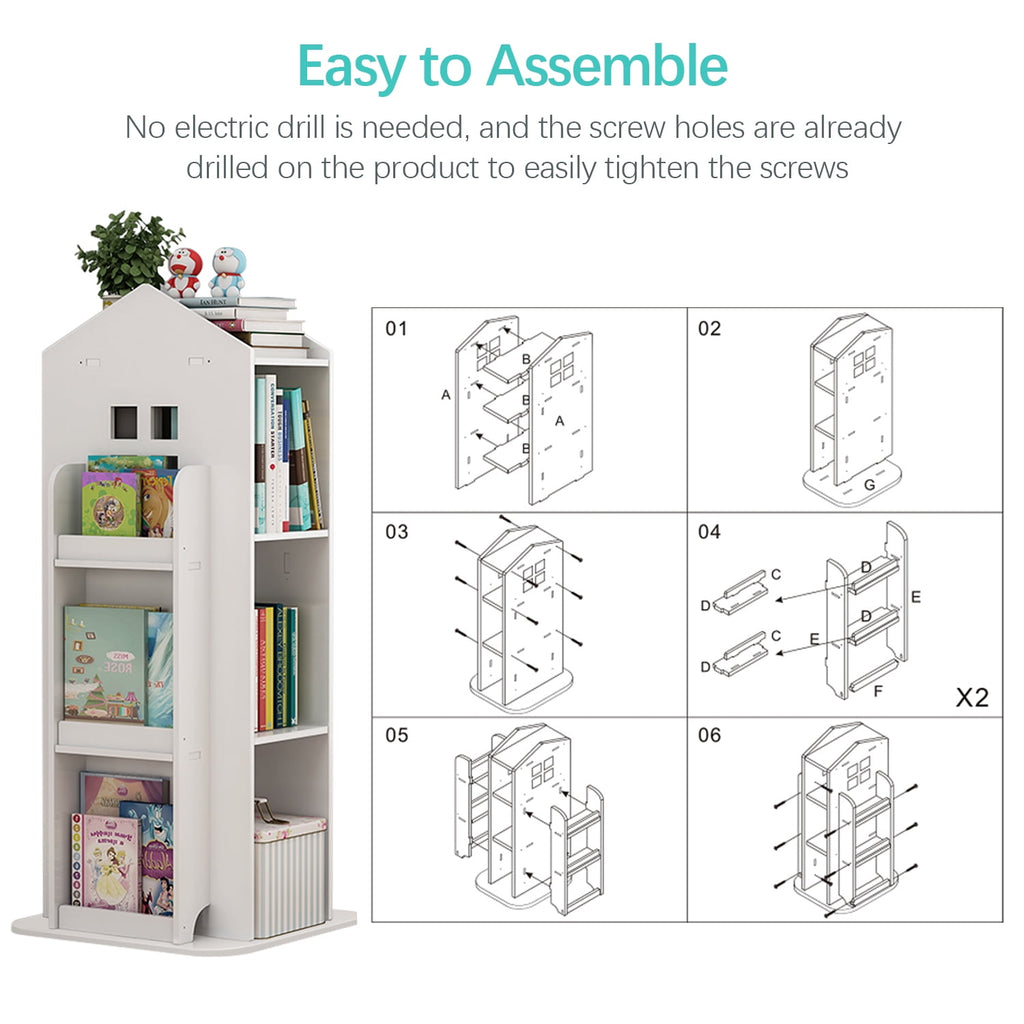 IAJXWI 3 Tier Rotating Bookshelf, 360° Floor-Standing Revolving Bookcase, House Shape Multi-Functional Reading Corner for Bedroom Study Living Room