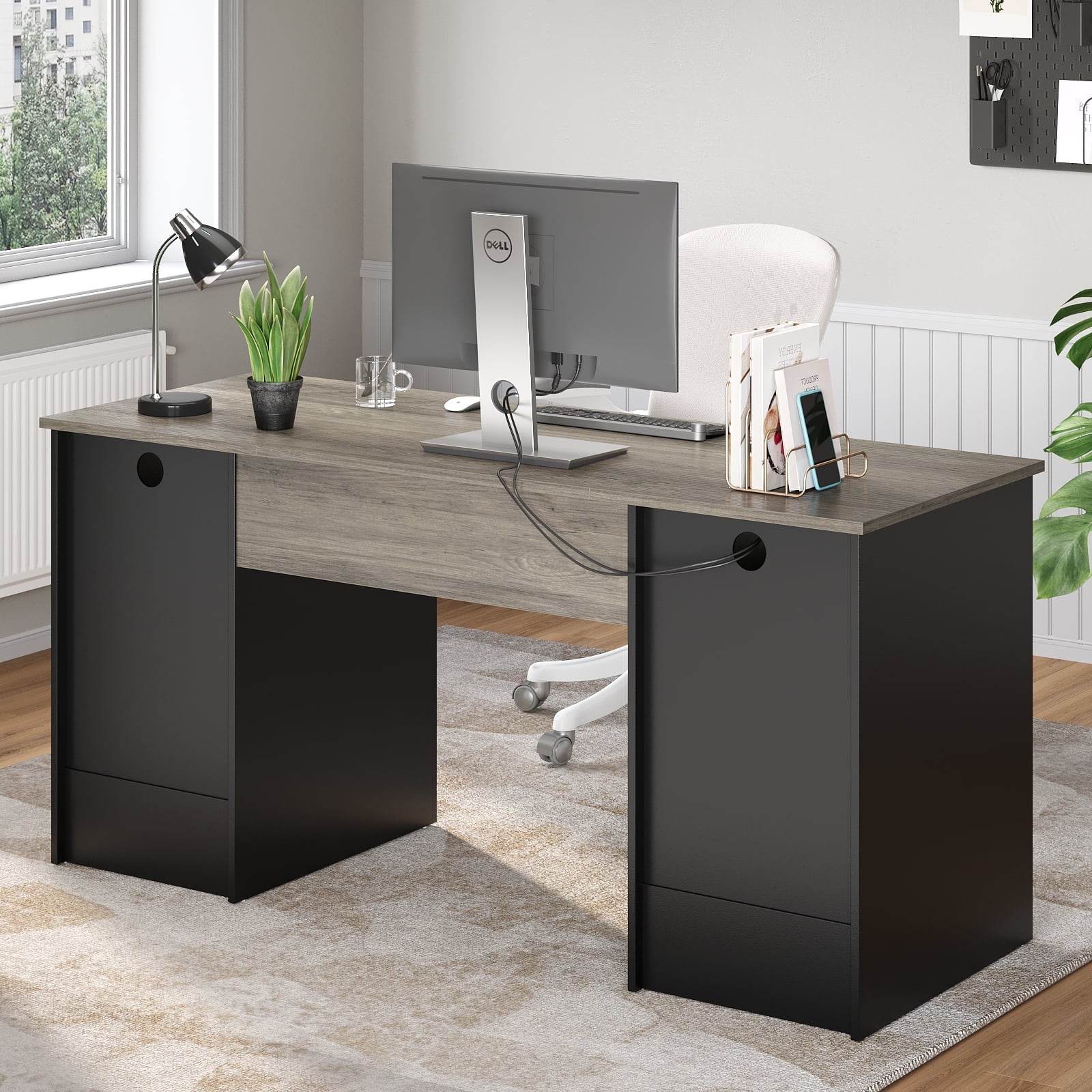 Bestier 59” Computer Desk with 4 Drawers, Office Executive Desk with File Drawer, Keyboard Tray for Home Office, Gray