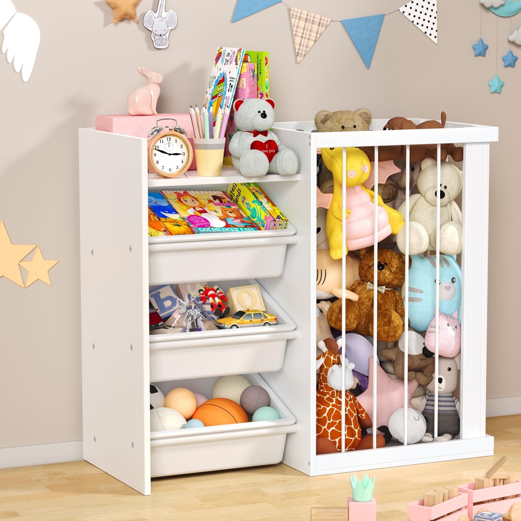 3-in-1 Kids Bookshelf and Stuffed Animal Storage with Corner Protectors , Can Fix it to The Wall, Durable Wood & Metal Storage for Bedroom & Playroom