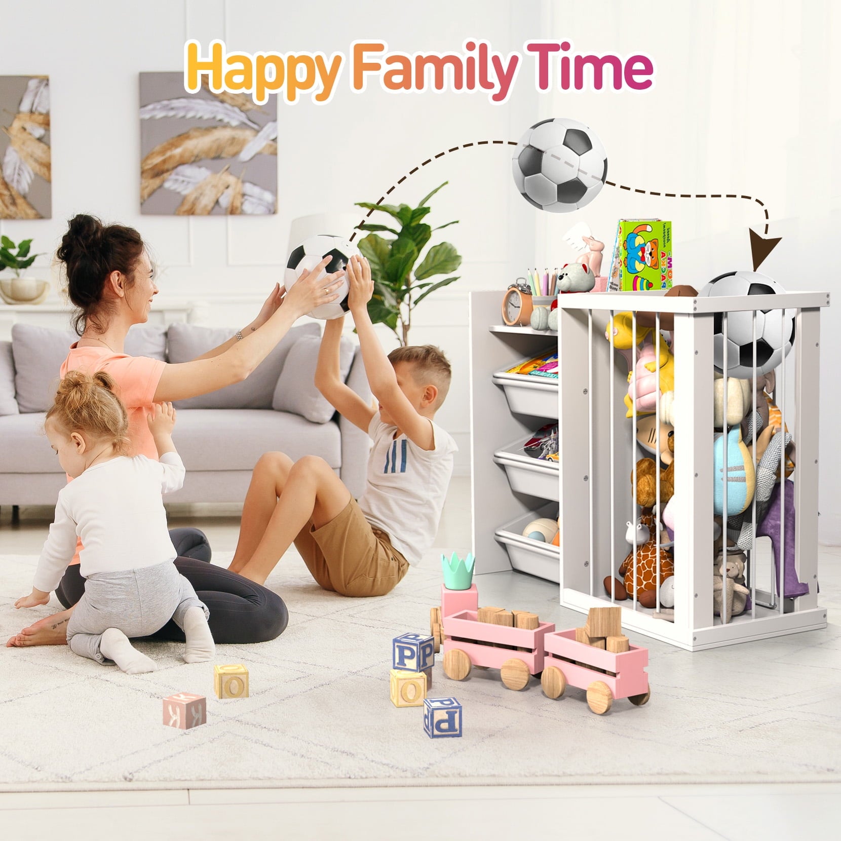 3-in-1 Kids Bookshelf and Stuffed Animal Storage with Corner Protectors , Can Fix it to The Wall, Durable Wood & Metal Storage for Bedroom & Playroom