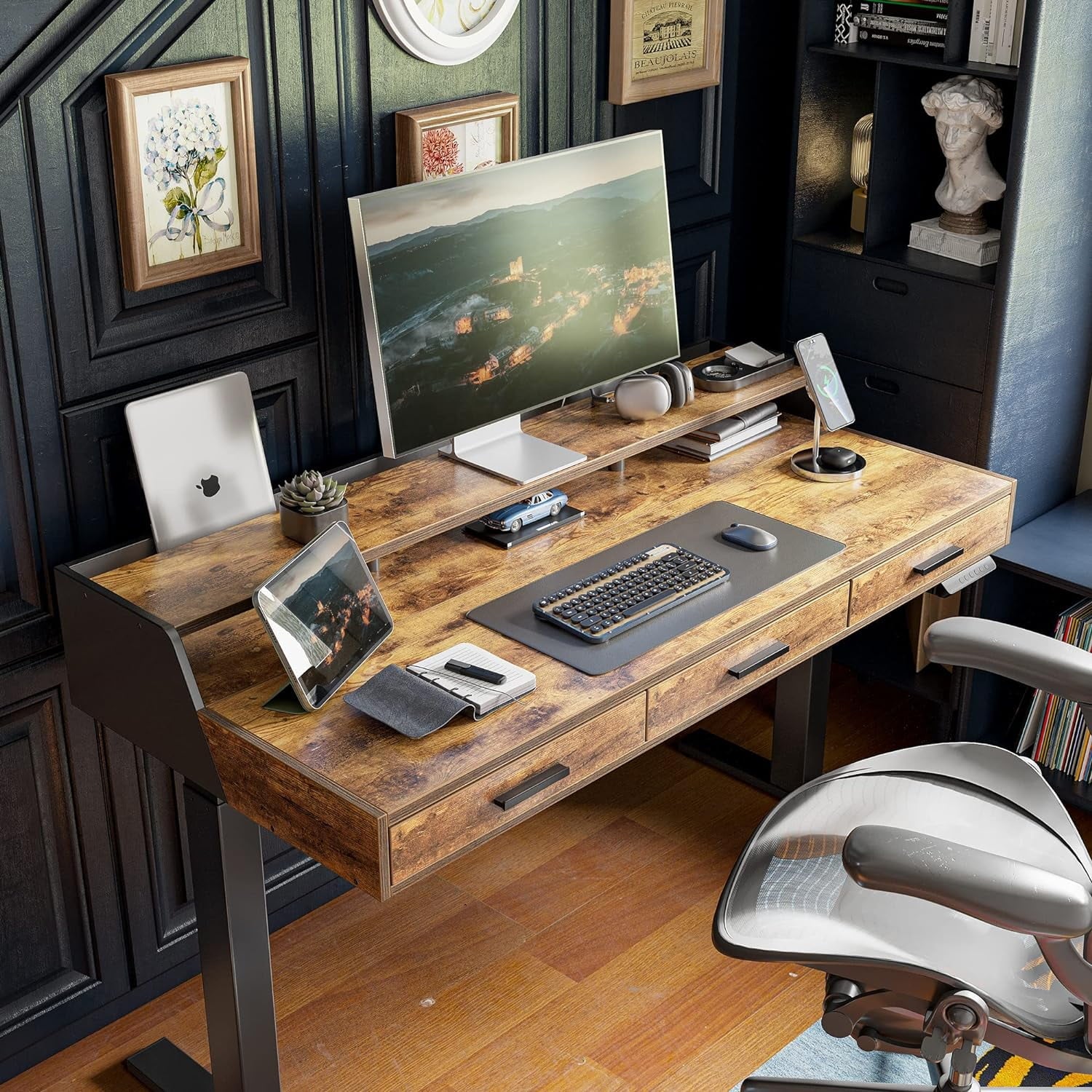 DESINO Electric Standing Desk with Drawers, 55"x26" Standing Desk Adjustable Height, Lifting Range 28~46" Stand Up Desk ,Sit Stand Home Office Desk with Monitor Shelf, Rustic Brown