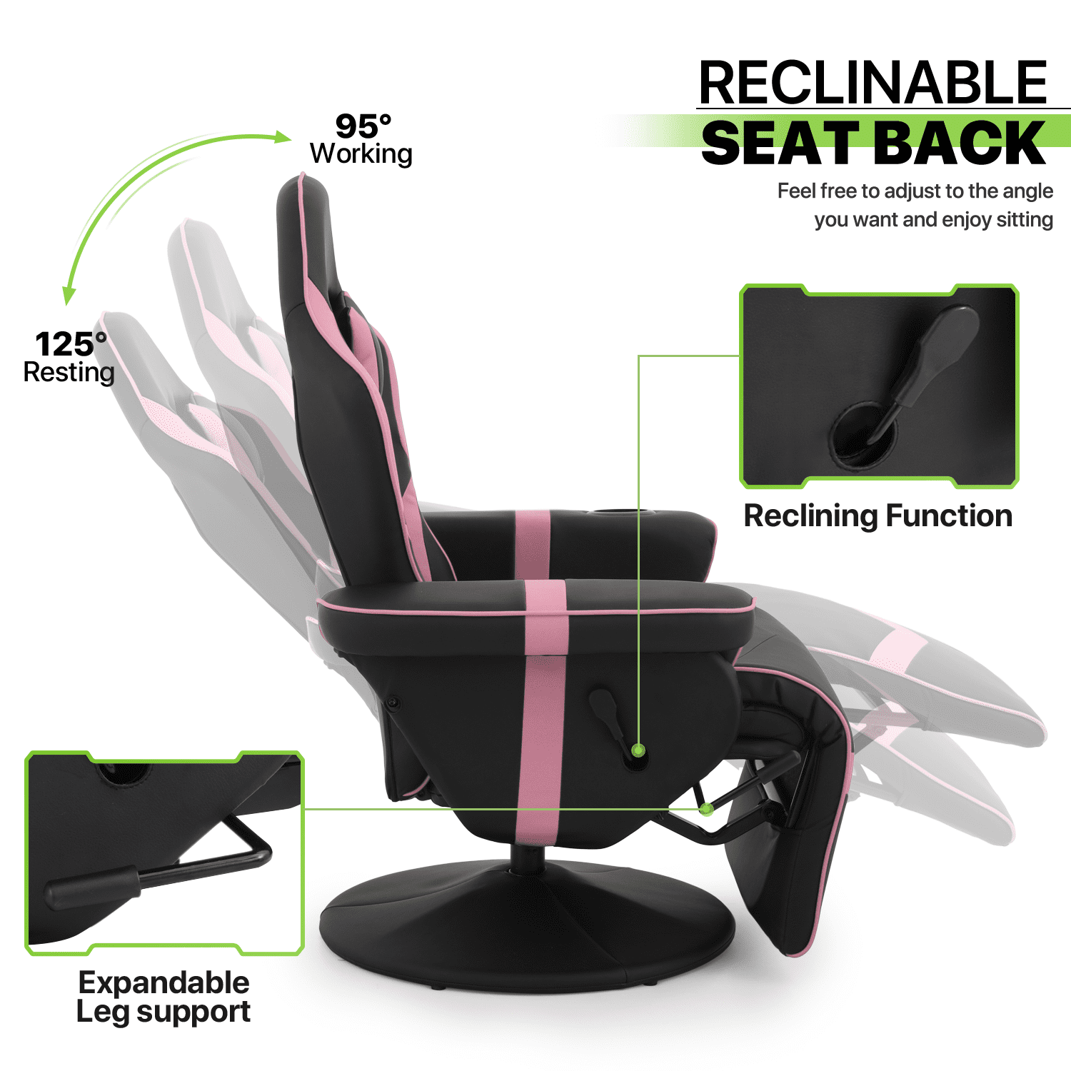 Magshion Racing Style Video Gaming Chair PU Leather Ergonomic Reclining Computer Chair with Adjustable Backrest and Footrest Cup Holder Pillow for Girls, Pink