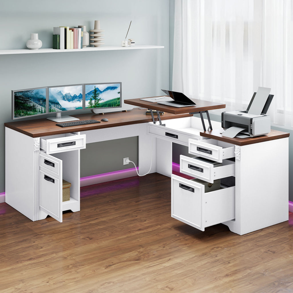 Craftian L-Shaped Desk with Power Outlets, Computer Desk with Drawers, Executive Desk , White & Walnut Color