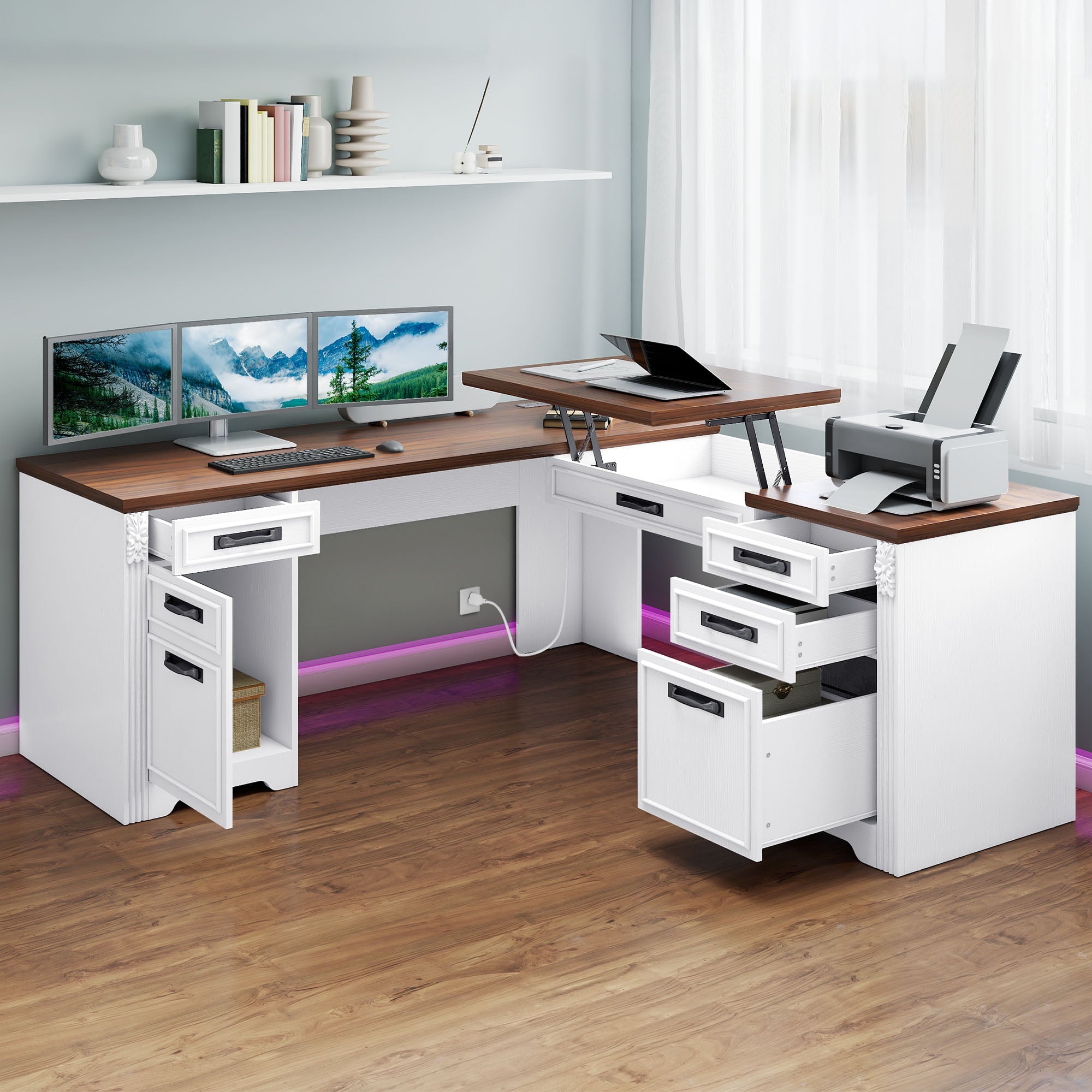 Craftian L-Shaped Desk with Power Outlets, Computer Desk with Drawers, Executive Desk , White & Walnut Color