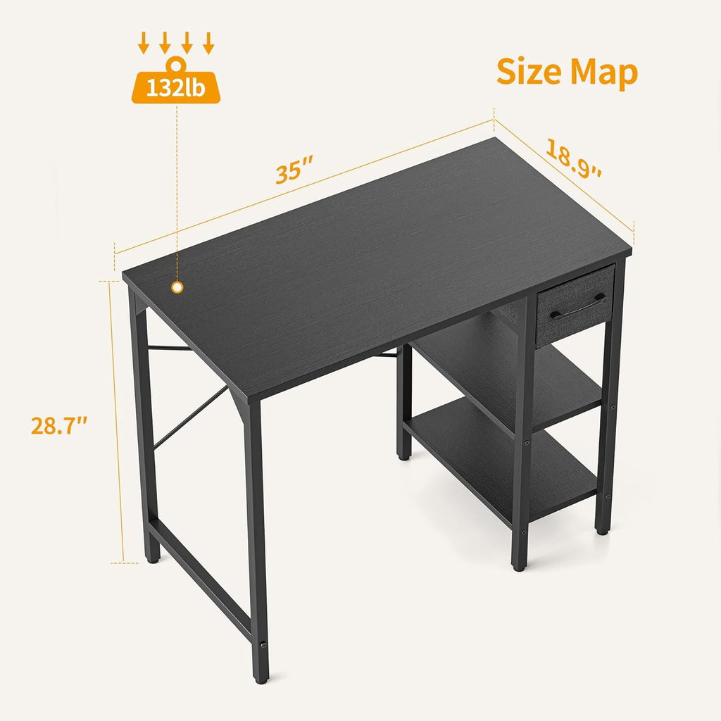 DESINO 35 Inch Computer Desk, Small Home Office Desk with Fabric Drawers & Storage Shelves, Writing Study Desk, Black
