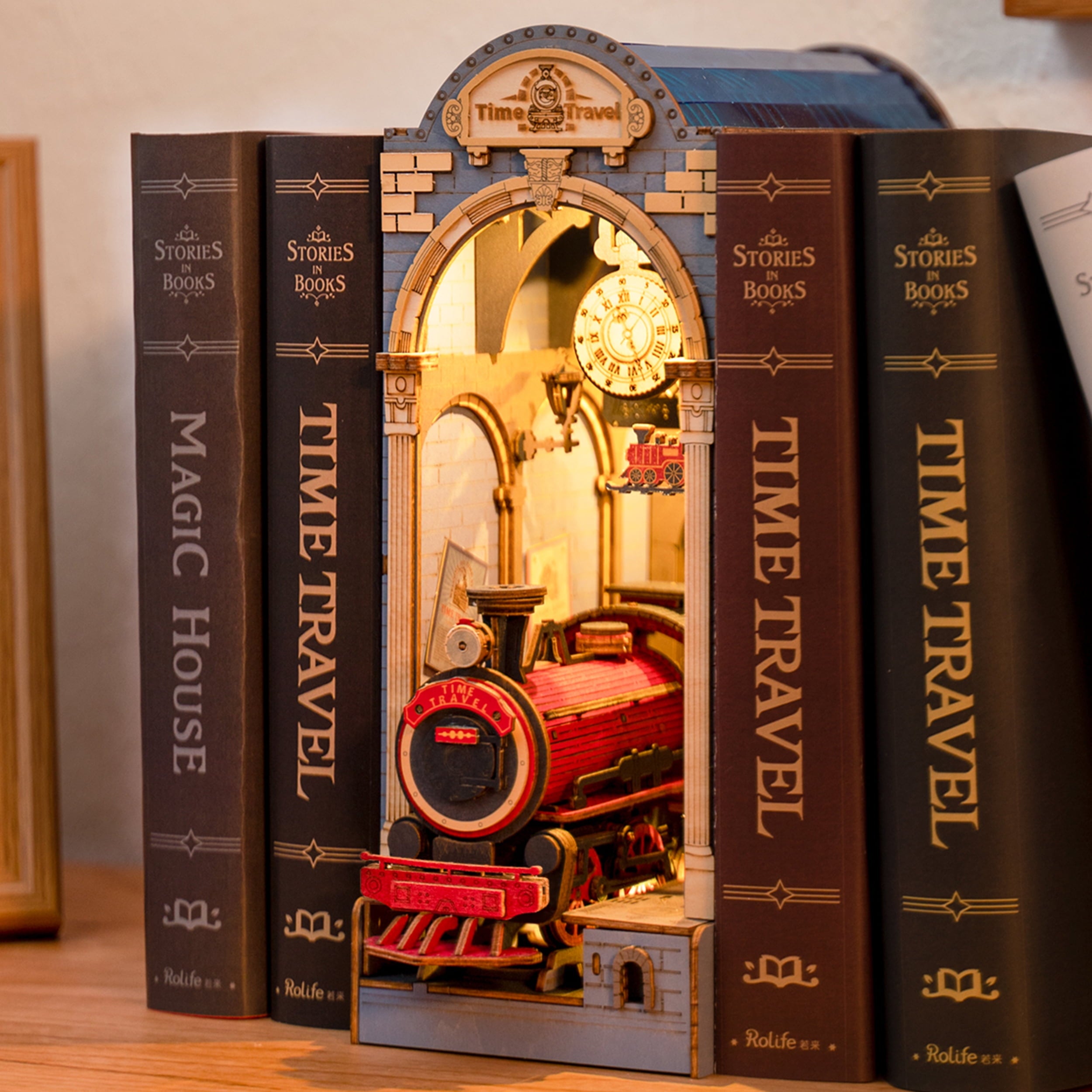Rolife Book Nook Kit DIY 3D Wooden Puzzles Dollhouse Bookshelf Insert Diorama Decor Personalized Assembled Bookends with LED Light for Teens Adults
