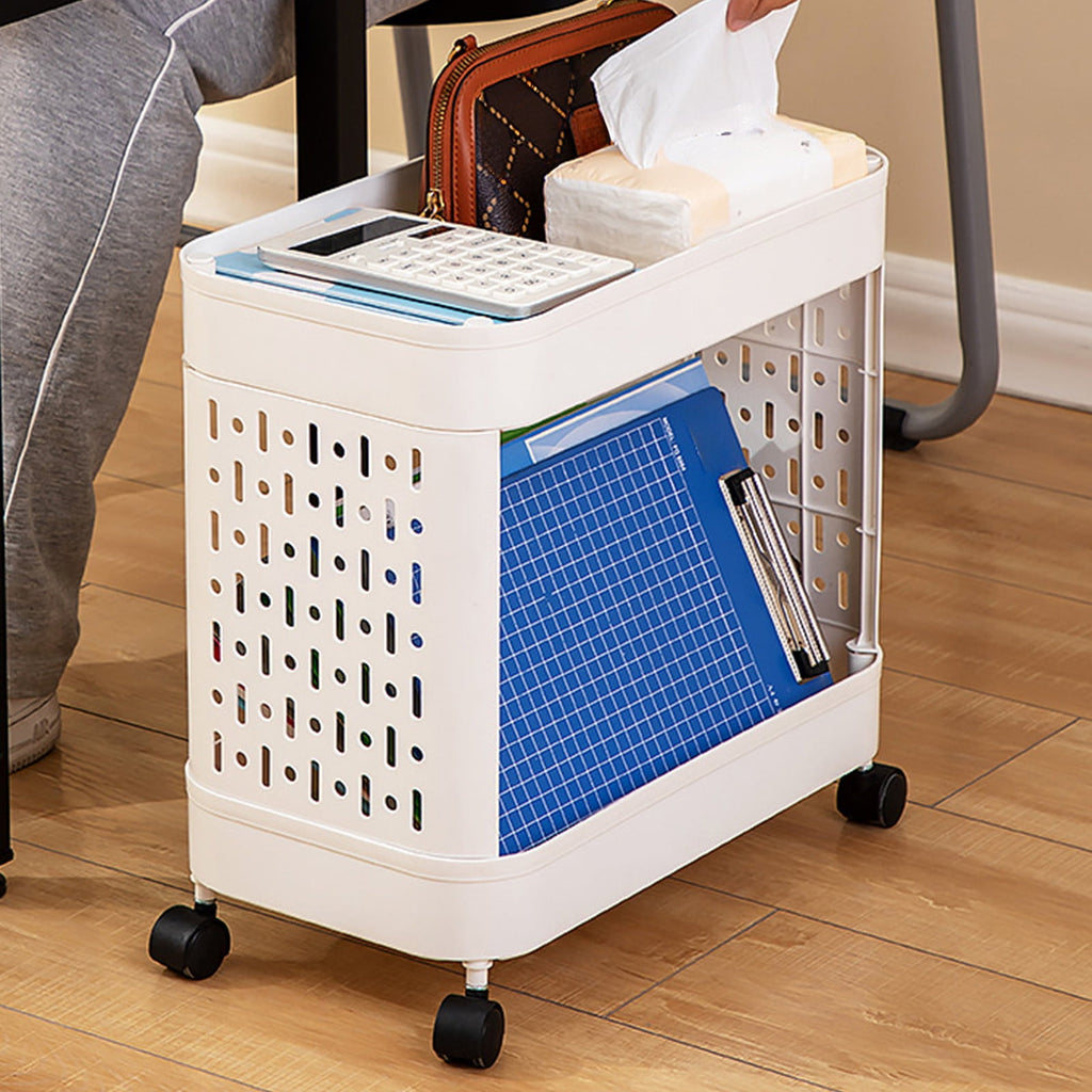 Plastic Mobile Trolley Rack, Under Desk Storage for Files & Snacks, White, 37.20x15.55x8.46in to 15.15x15.55x8.46in, Rolling & Multi-Layer