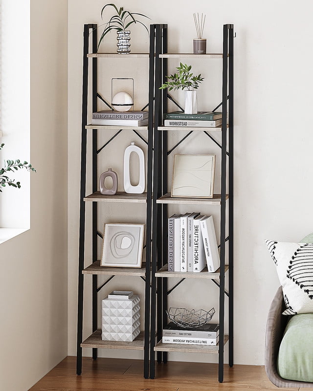 Hzuaneri 5 Shelves Freestanding Leaning Ladder, Particleboard Greige, 13.4" x 11.8" x 63"