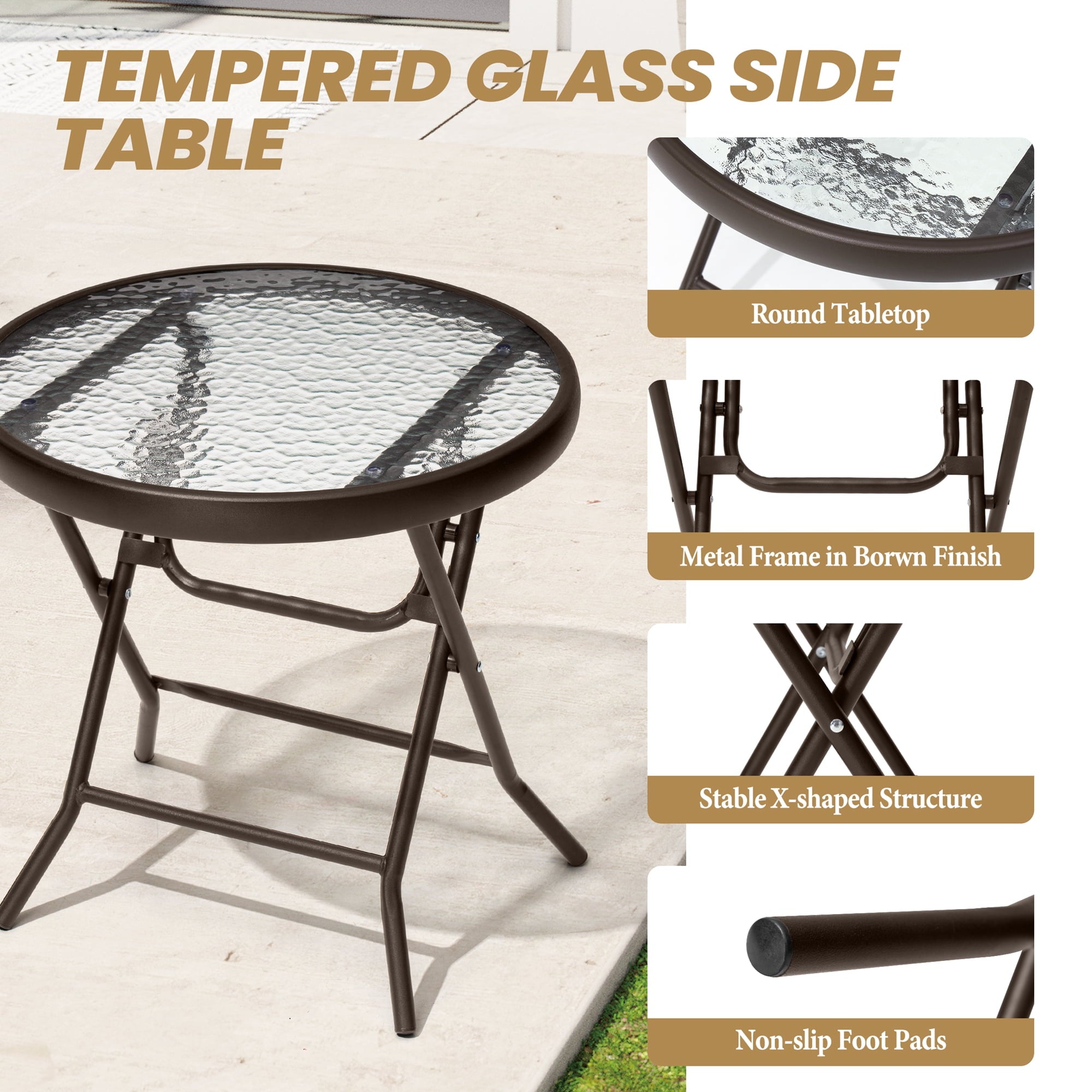 Pellebant Foldable Patio Side Table with Tempered Glass Top 18" Small Glass Patio End Tables for Porch Yard Balcony Deck Lawn Dining Garden (Brown)