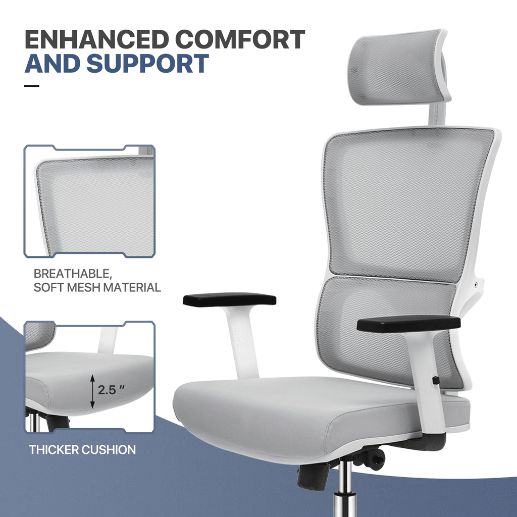 MoNiBloom Ergonomic Task Office Chair, Adjustable High Back Swivel Computer Desk Chair with Headrest & Armrest for Office, Grey