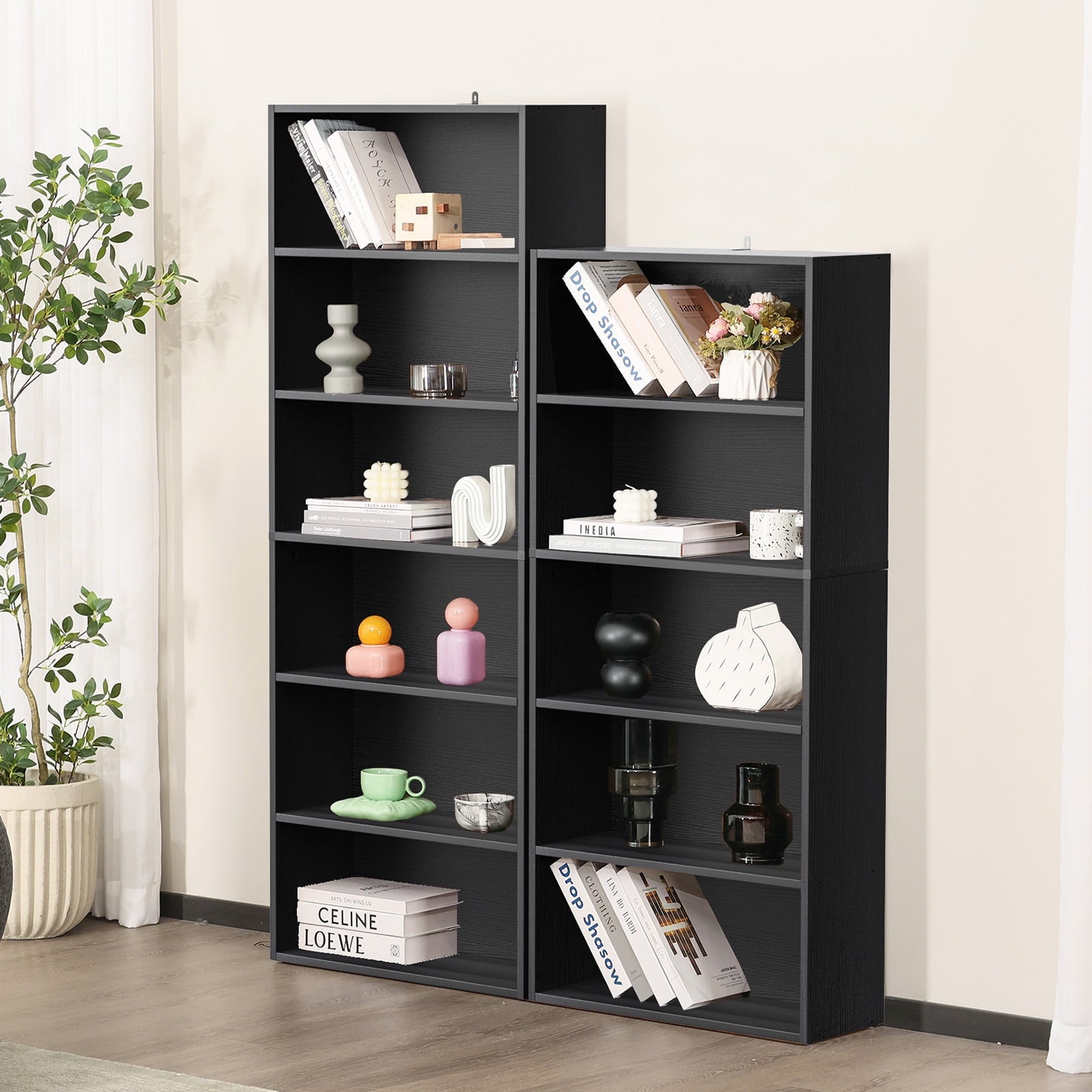 GIANNA 5-Shelf Bookcase, Floor Standing Storage Shelves, Black