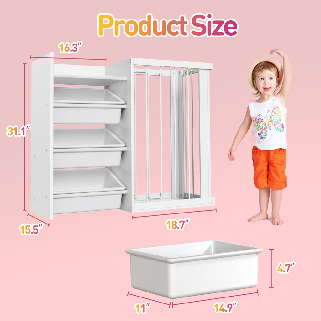 3-in-1 Kids Bookshelf and Stuffed Animal Storage with Corner Protectors , Can Fix it to The Wall, Durable Wood & Metal Storage for Bedroom & Playroom