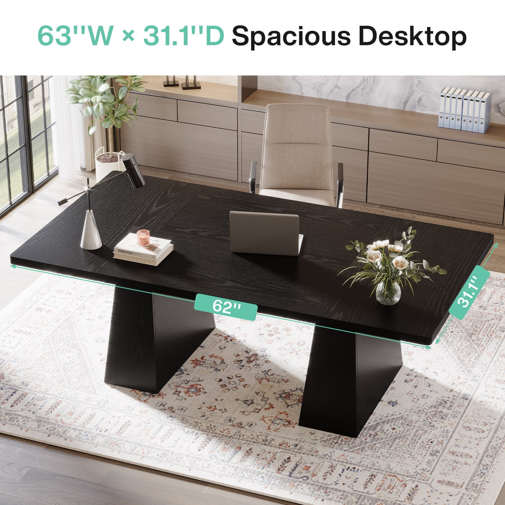 Tribesigns 63" Executive Desk, Modern Office Computer Desk with Double Pedestal, Large Simple Workstations Writing Table Conference Table for Home Office, Black