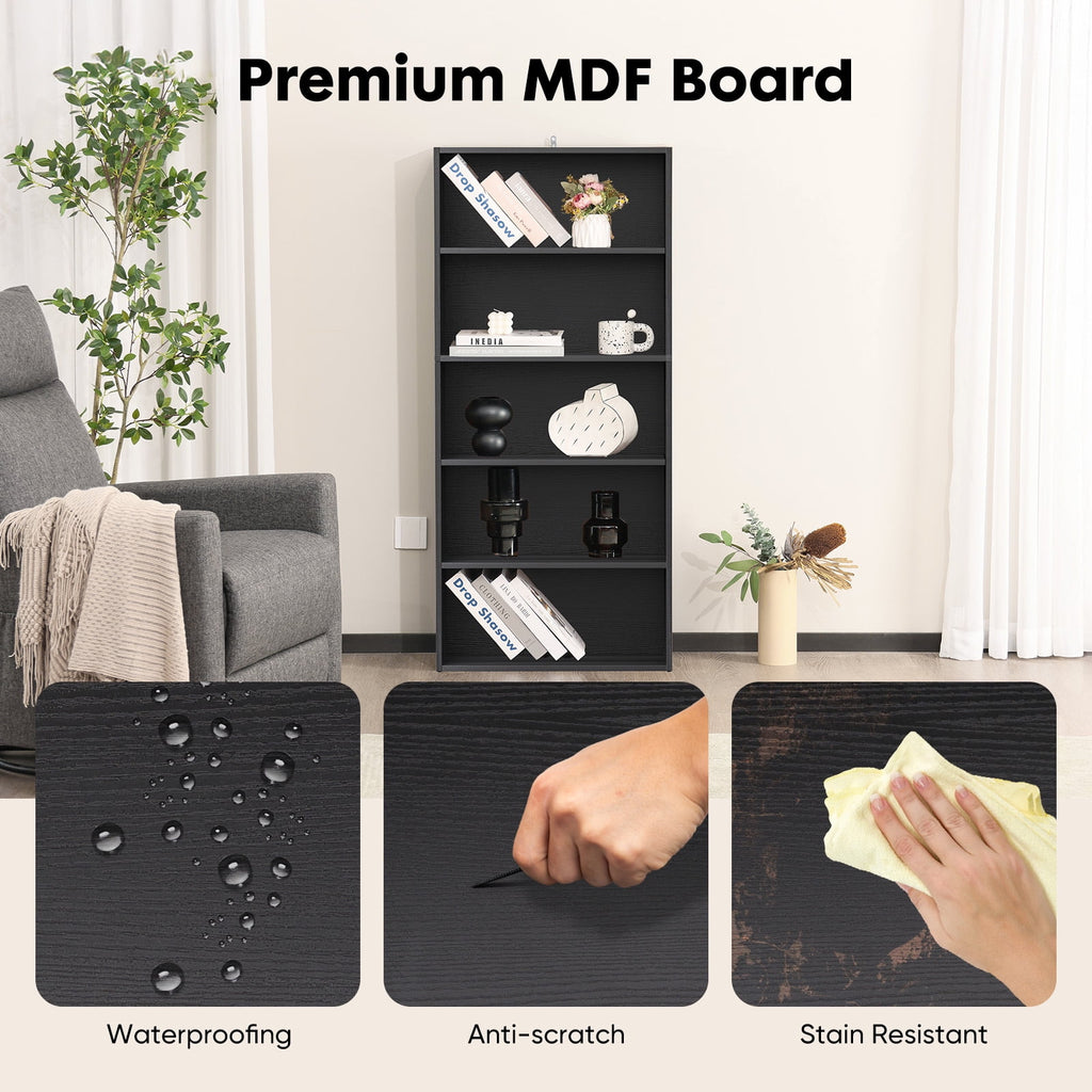 GIANNA 5-Shelf Bookcase, Floor Standing Storage Shelves, Black