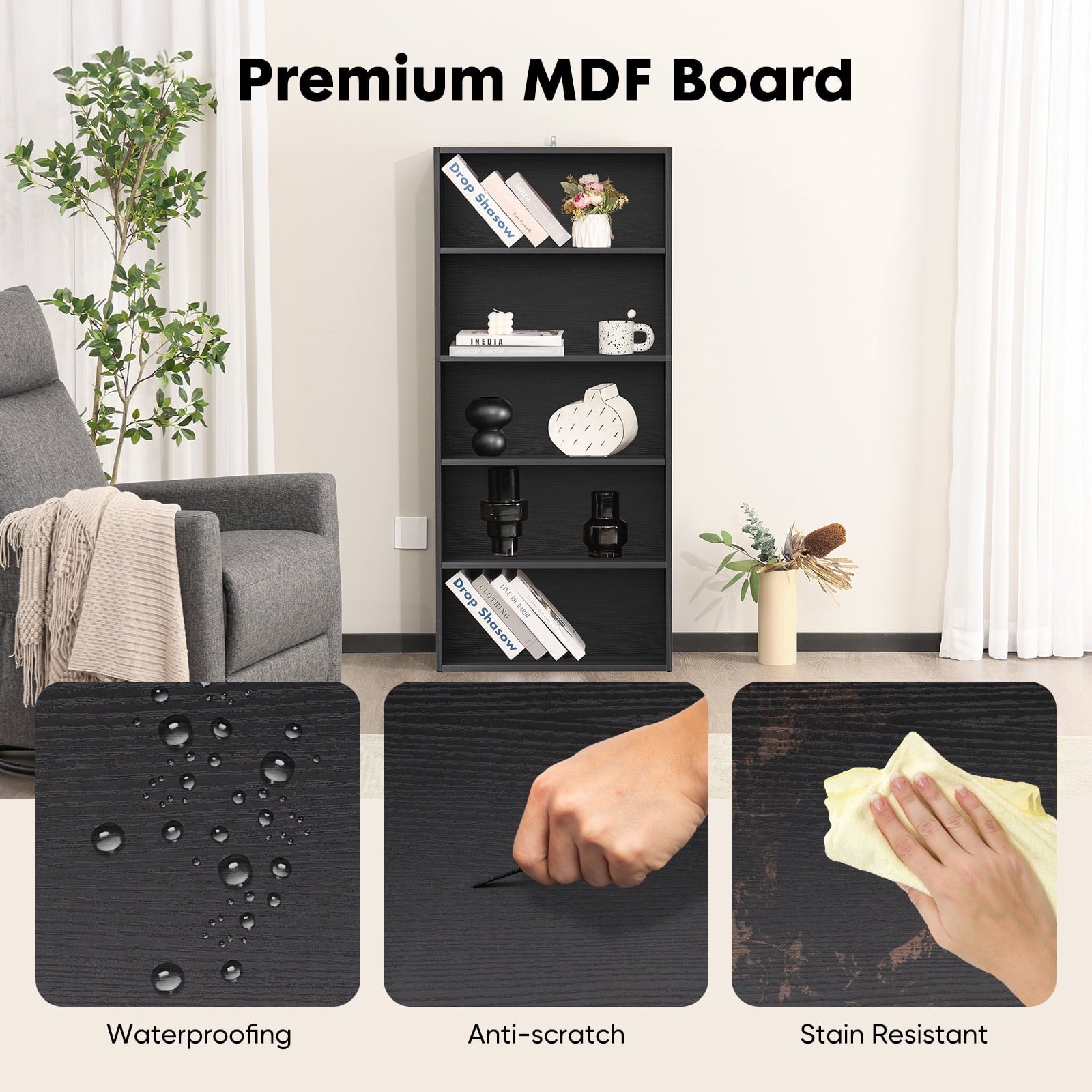 GIANNA 5-Shelf Bookcase, Floor Standing Storage Shelves, Black