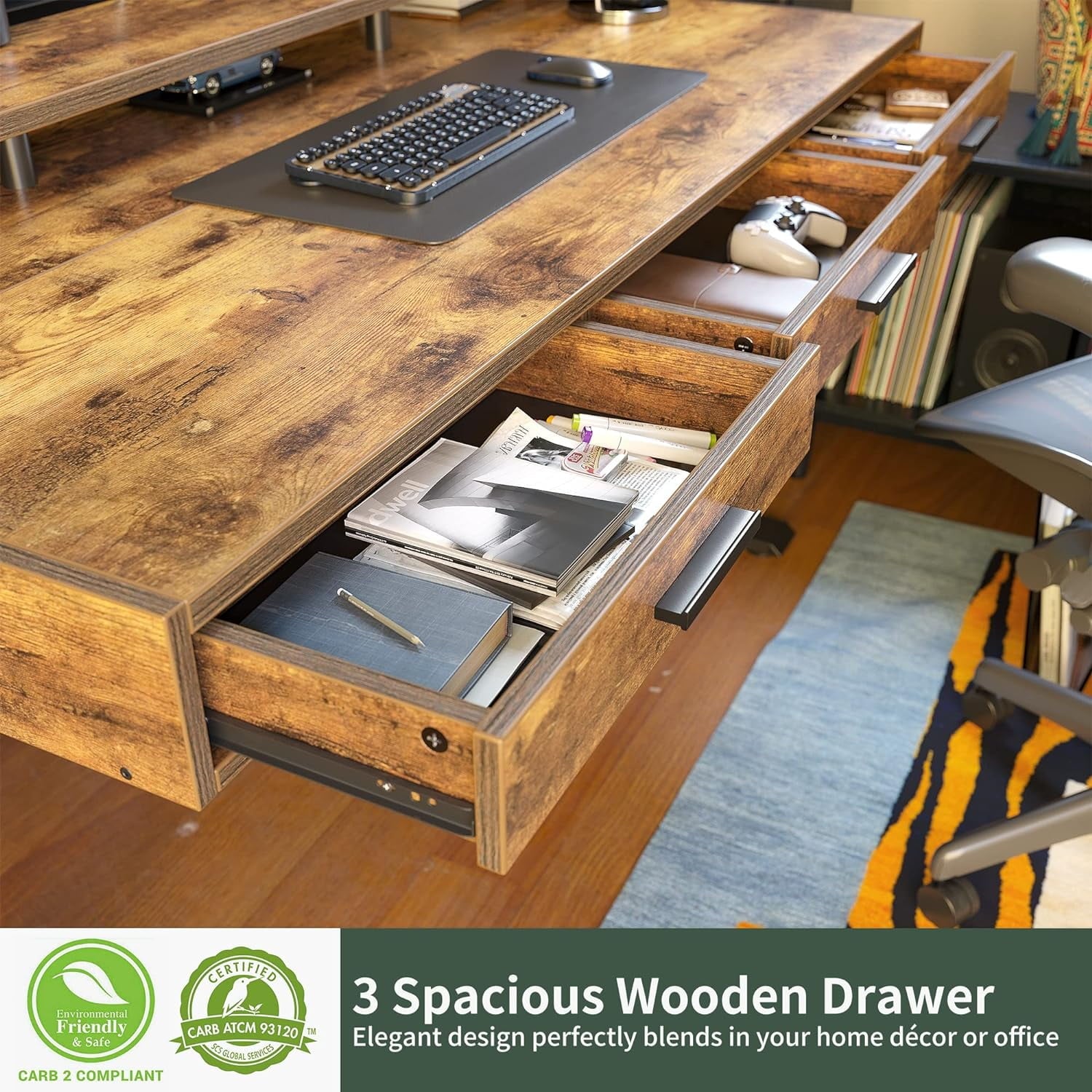 DESINO Electric Standing Desk with Drawers, 55"x26" Standing Desk Adjustable Height, Lifting Range 28~46" Stand Up Desk ,Sit Stand Home Office Desk with Monitor Shelf, Rustic Brown