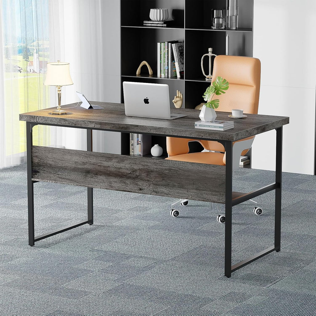 Homieasy Computer Desk with Power Outlets, Executive Desk with Extra Thick Tabletop, Computer Office Desk Workstation with Bookshelf, Modern Simple Study Writing Table for Home Office, Black Oak