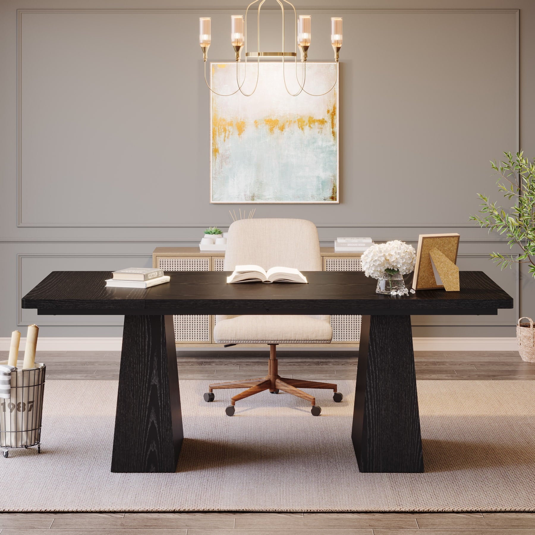 Tribesigns 63" Executive Desk, Modern Office Computer Desk with Double Pedestal, Large Simple Workstations Writing Table Conference Table for Home Office, Black