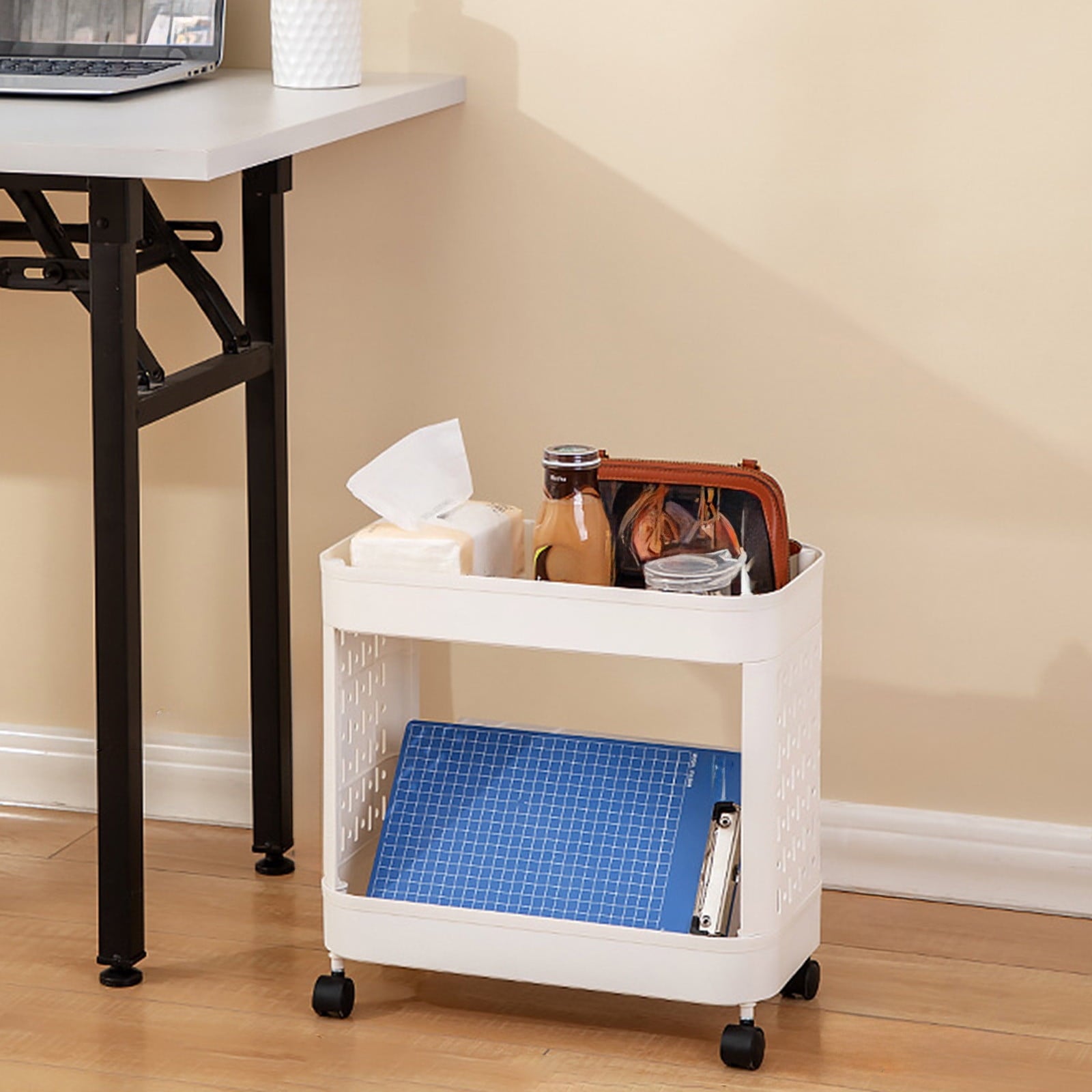 Plastic Mobile Trolley Rack, Under Desk Storage for Files & Snacks, White, 37.20x15.55x8.46in to 15.15x15.55x8.46in, Rolling & Multi-Layer