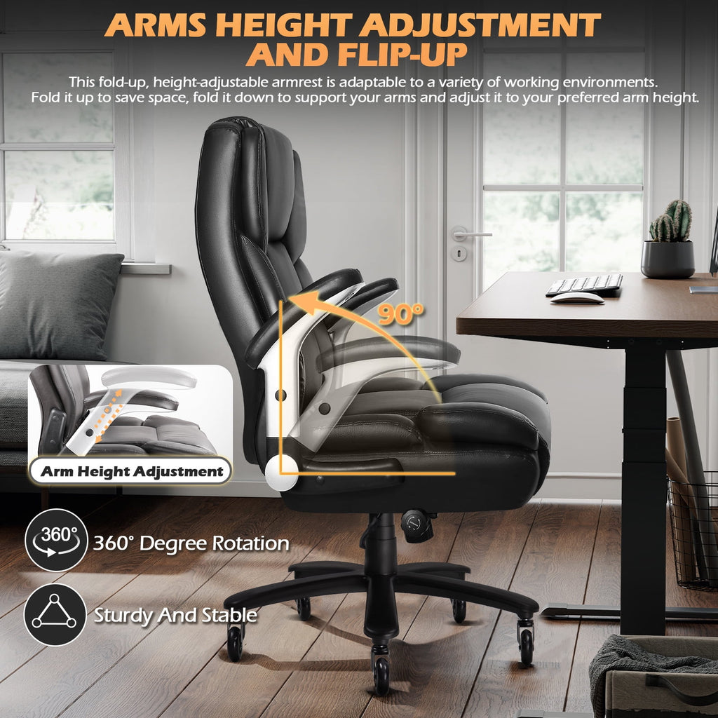 Waleaf Big and Tall Executive Office Chair 500lbs with Flip-up Arms & Adjustable Lumbar Support,Heavy Duty High Back Computer Chair for Adults