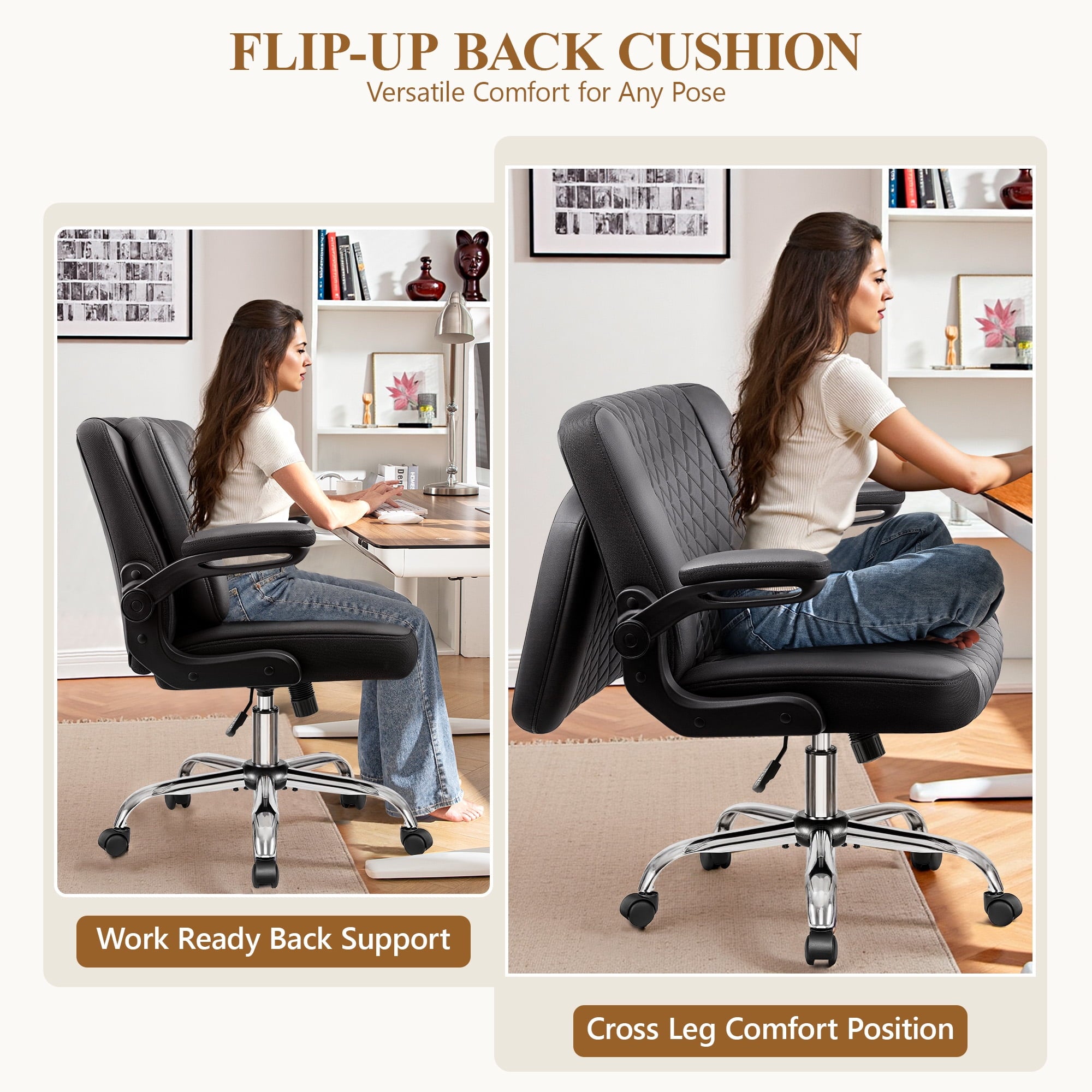 COOLHUT Criss Cross Office Chair with Flip Padded Backrest, Comfy PU Leather Cross Legged Desk Chair, Flip-Up Arms & Extra-Wide Seat for Home Office, Vanity Chair, Black