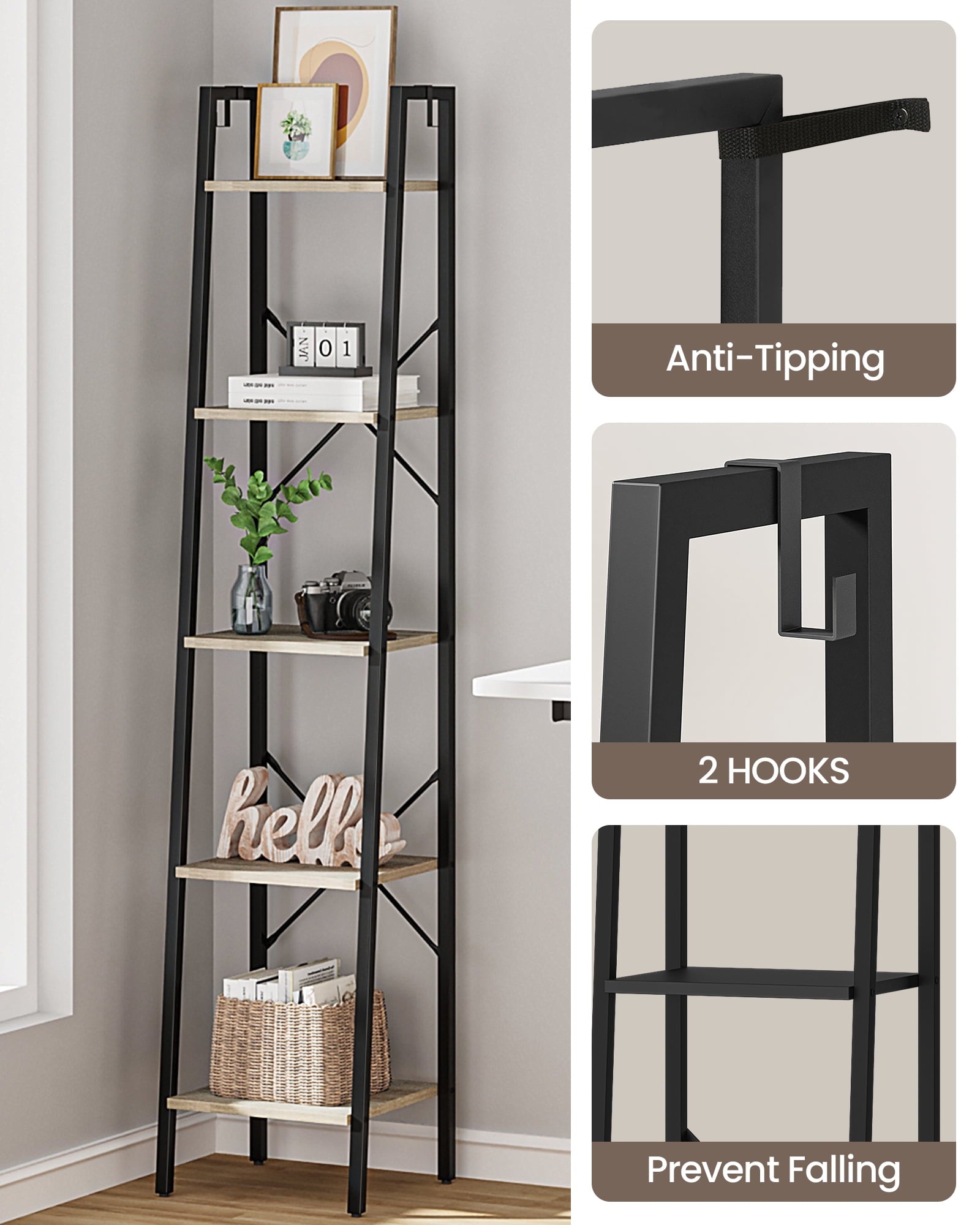 Hzuaneri 5 Shelves Freestanding Leaning Ladder, Particleboard Greige, 13.4" x 11.8" x 63"