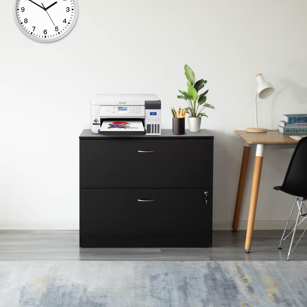 30-Inch Black Wooden Lateral File Cabinet with Two Spacious Drawers, One Lockable - Suitable for Home Office, Offering Ample Space for Documents, Supplies, and Printer Stand Needs