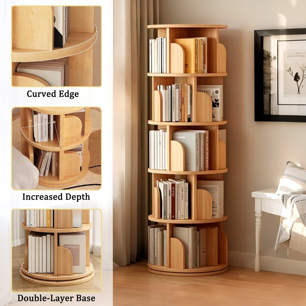 5 Tier Rotating Bookshelf, 360° Display Round Spinning Bookshelf, Space-Saving, Small Space Rotating Bookshelf Tower for Bedroom, Living Room, Home, Office, Nature