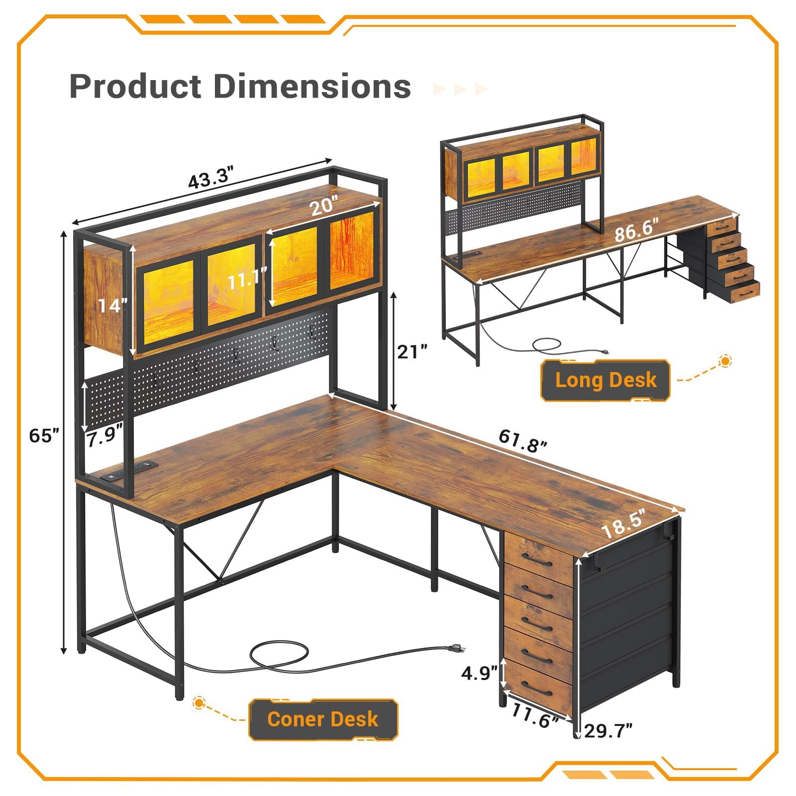 L Shaped Gaming Desk with Drawers, L Shaped Computer Desk with Hutch and Storage Shelves, Gaming Desk with Pegboard, Led Lights, and Power Outlet, Home Office Desk, Corner Desk, Rustic Brown