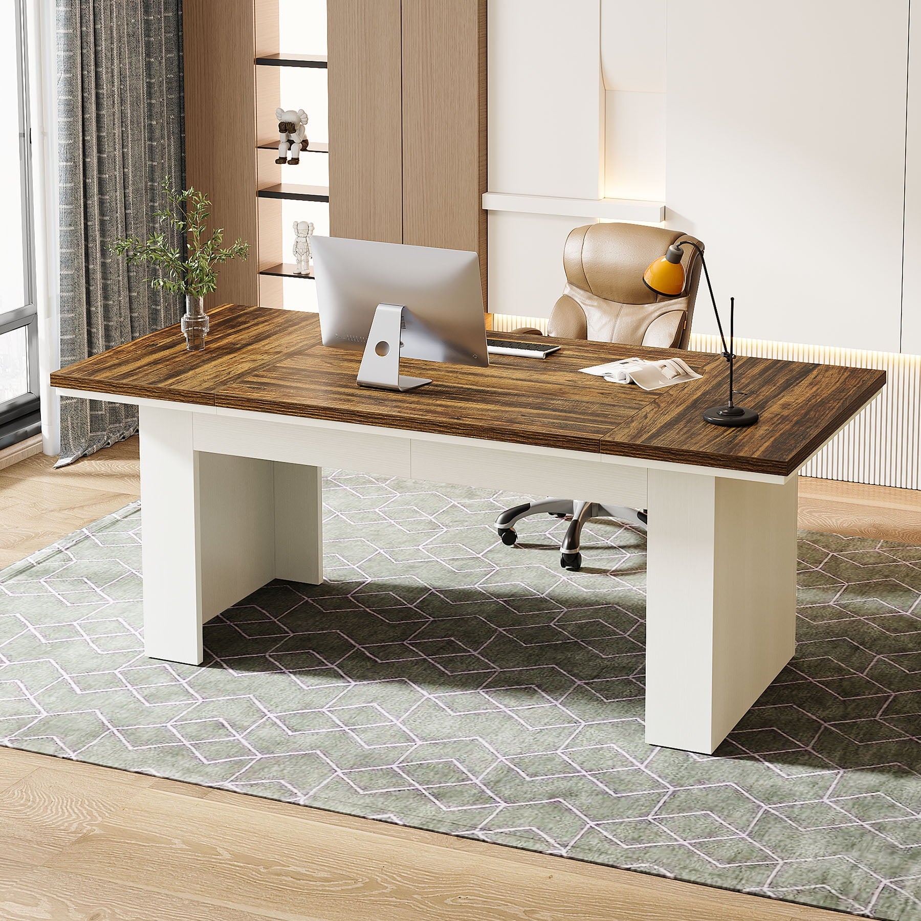 Tribesigns 63" Executive Desk, Modern Office Desk, Large Computer Desk Home Office Desk, Study Writing Desk for Home Office, Easy Assembly, Brown & White