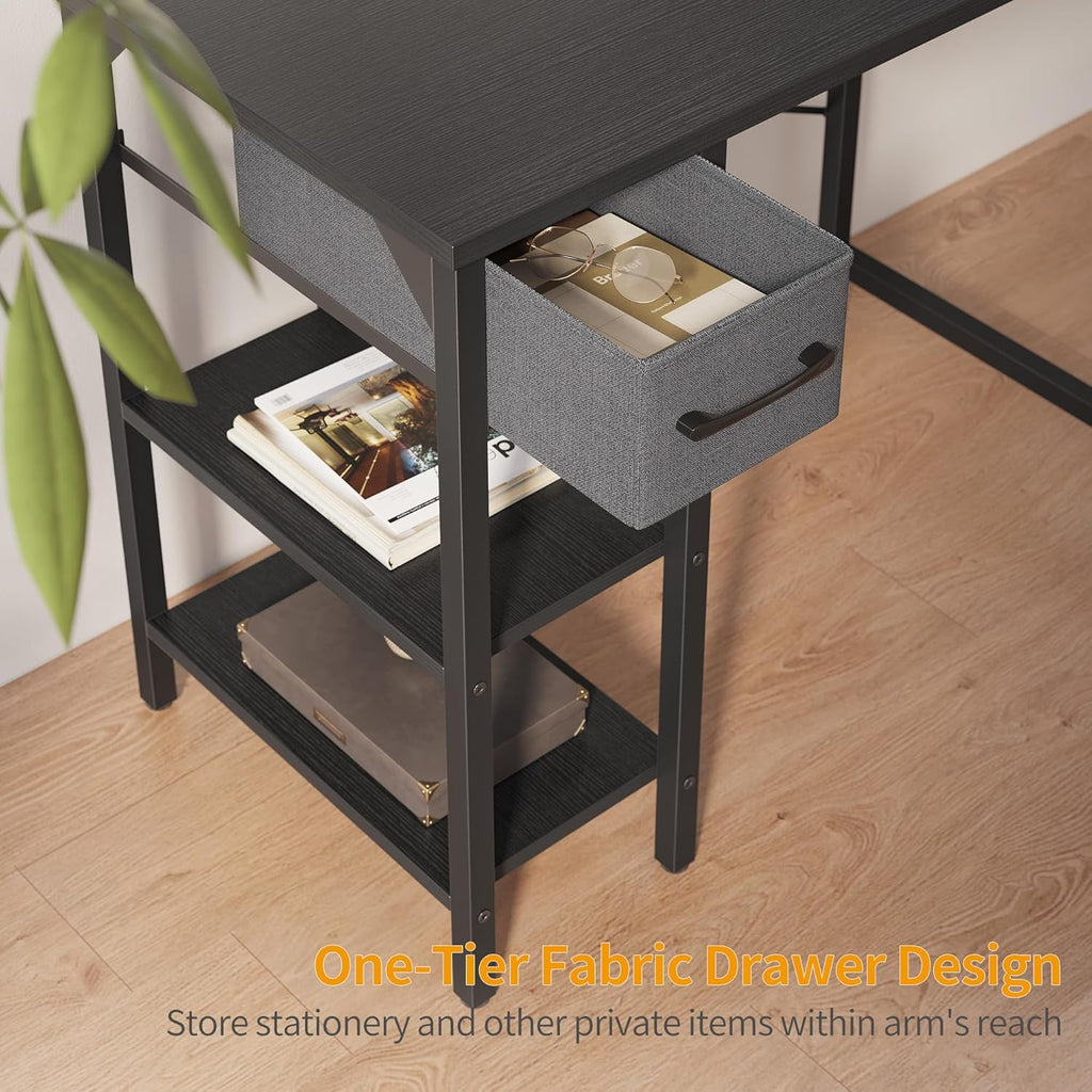 DESINO 35 Inch Computer Desk, Small Home Office Desk with Fabric Drawers & Storage Shelves, Writing Study Desk, Black