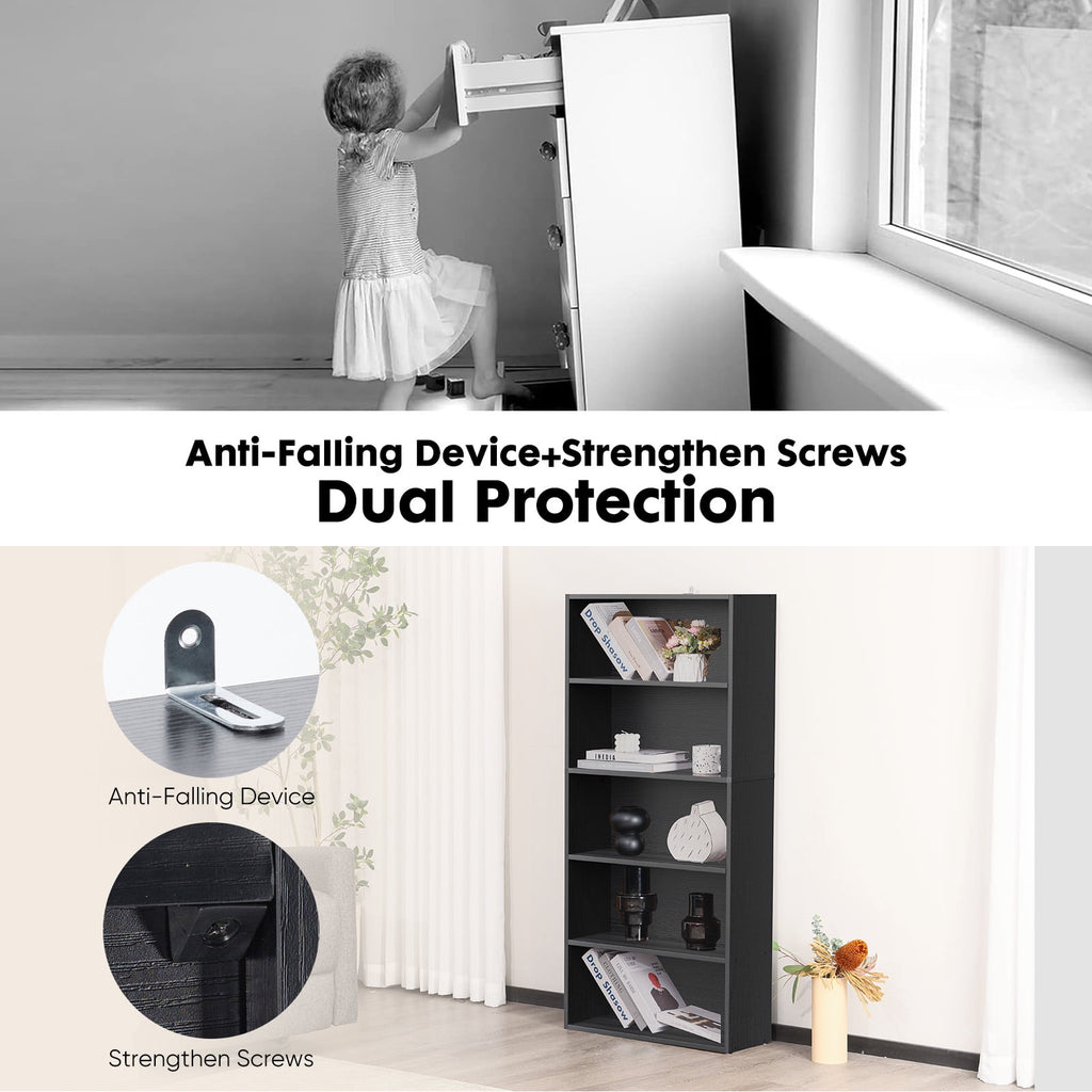 GIANNA 5-Shelf Bookcase, Floor Standing Storage Shelves, Black