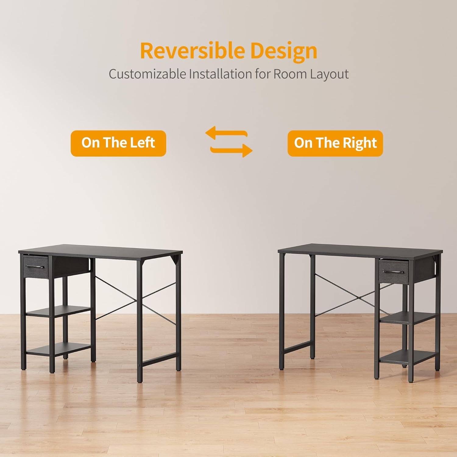 DESINO 35 Inch Computer Desk, Small Home Office Desk with Fabric Drawers & Storage Shelves, Writing Study Desk, Black