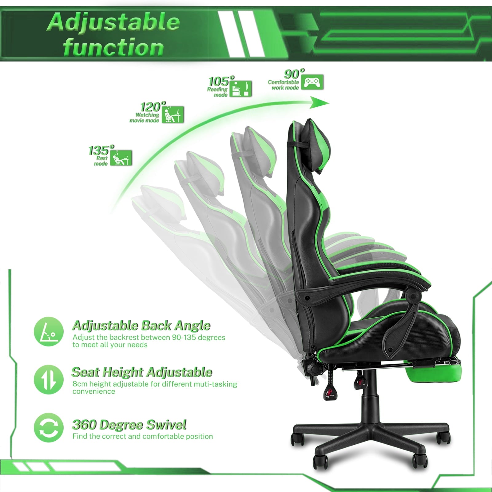 SOONTRANS Green Gaming Chair with Footrest, High Back Gamer Chair with Massage Lumbar Pillow, Gamer Computer Desk Chair (Green)