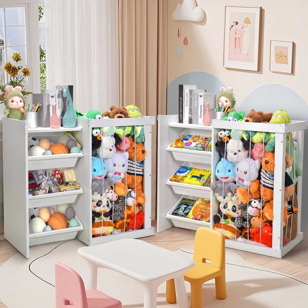 3-in-1 Kids Bookshelf and Stuffed Animal Storage with Corner Protectors , Can Fix it to The Wall, Durable Wood & Metal Storage for Bedroom & Playroom