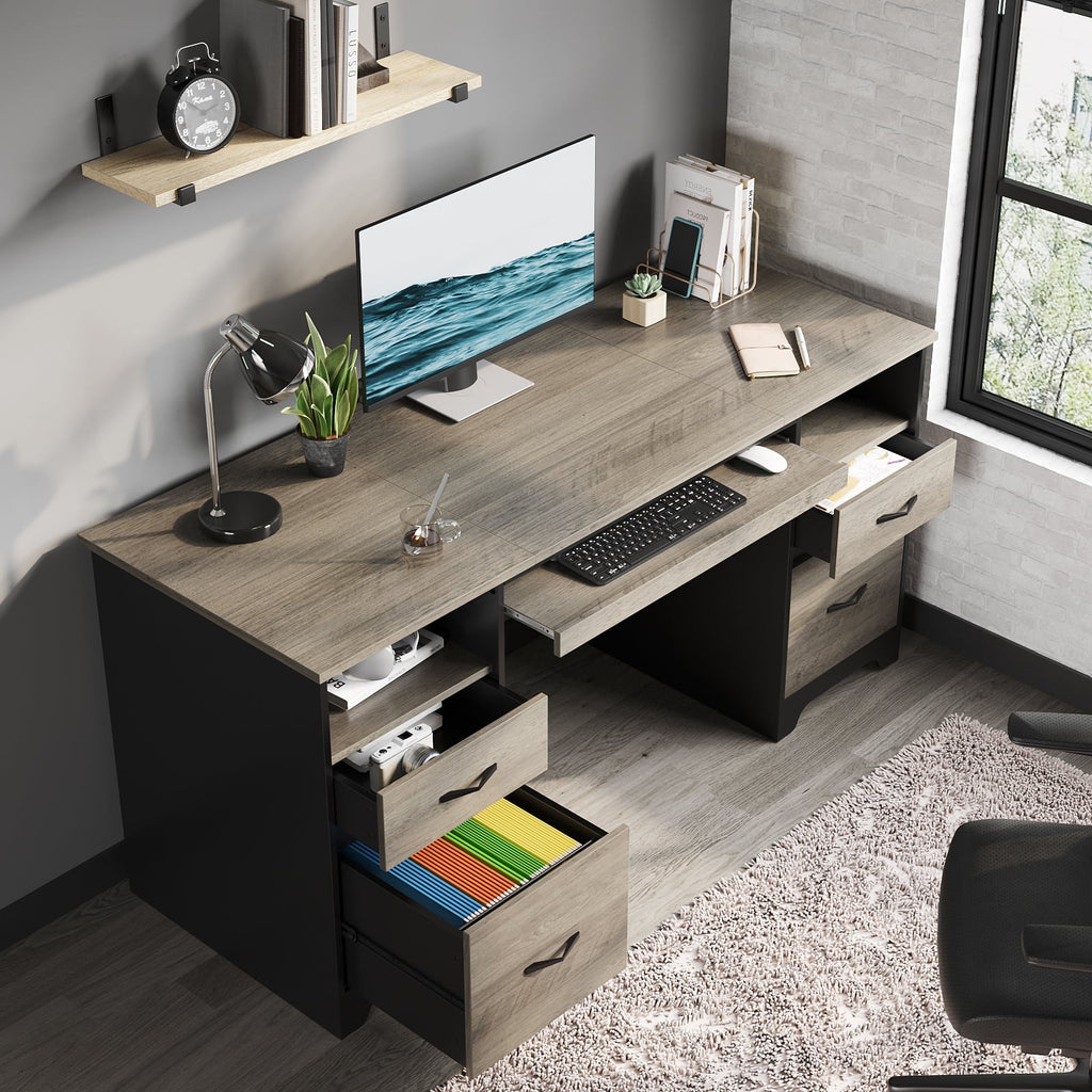 Bestier 59” Computer Desk with 4 Drawers, Office Executive Desk with File Drawer, Keyboard Tray for Home Office, Gray