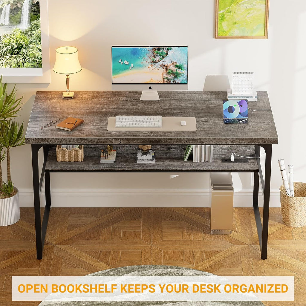 Homieasy Computer Desk with Power Outlets, Executive Desk with Extra Thick Tabletop, Computer Office Desk Workstation with Bookshelf, Modern Simple Study Writing Table for Home Office, Black Oak