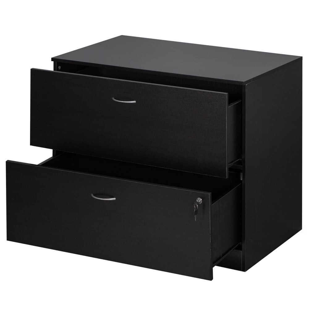 30-Inch Black Wooden Lateral File Cabinet with Two Spacious Drawers, One Lockable - Suitable for Home Office, Offering Ample Space for Documents, Supplies, and Printer Stand Needs